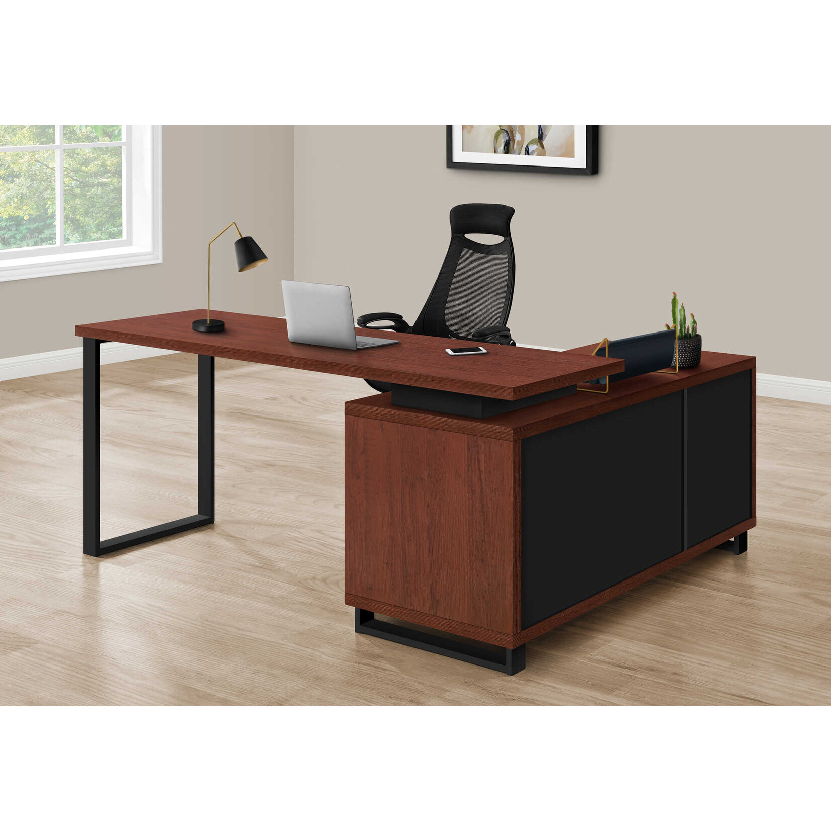 COMPUTER DESK - 72"L CHERRY / BLACK EXECUTIVE CORNER
