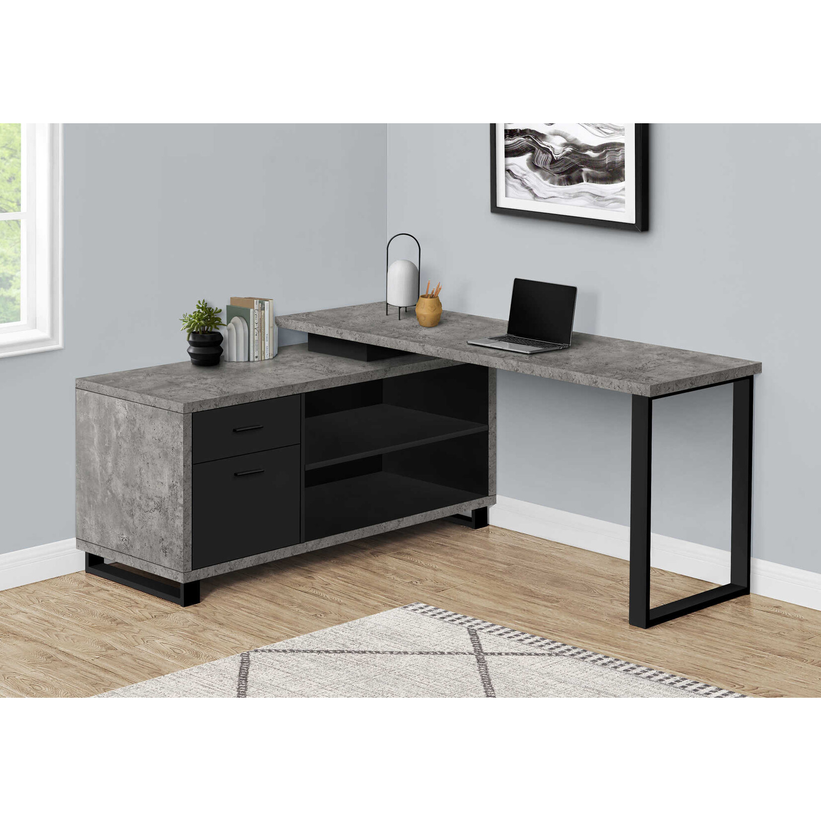 BUREAU - 72"L / EN COIN EXECUTIF SIMILI-CIMENT GRIS/ NOIR