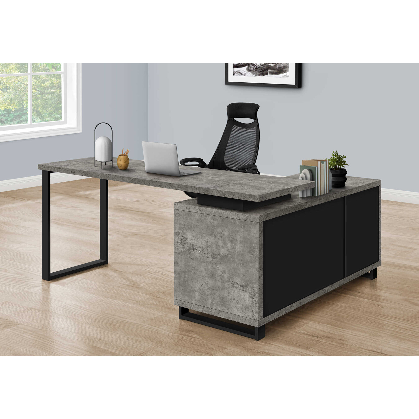 COMPUTER DESK - 72"L GREY CONCRETE/BLACK EXECUTIVE CORNER