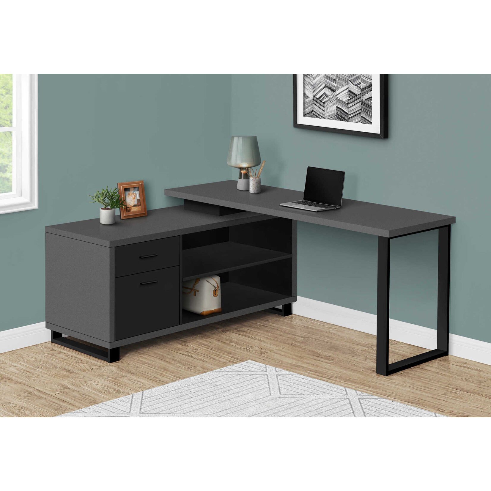 COMPUTER DESK - 72"L MODERN GREY / BLACK EXECUTIVE CORNER