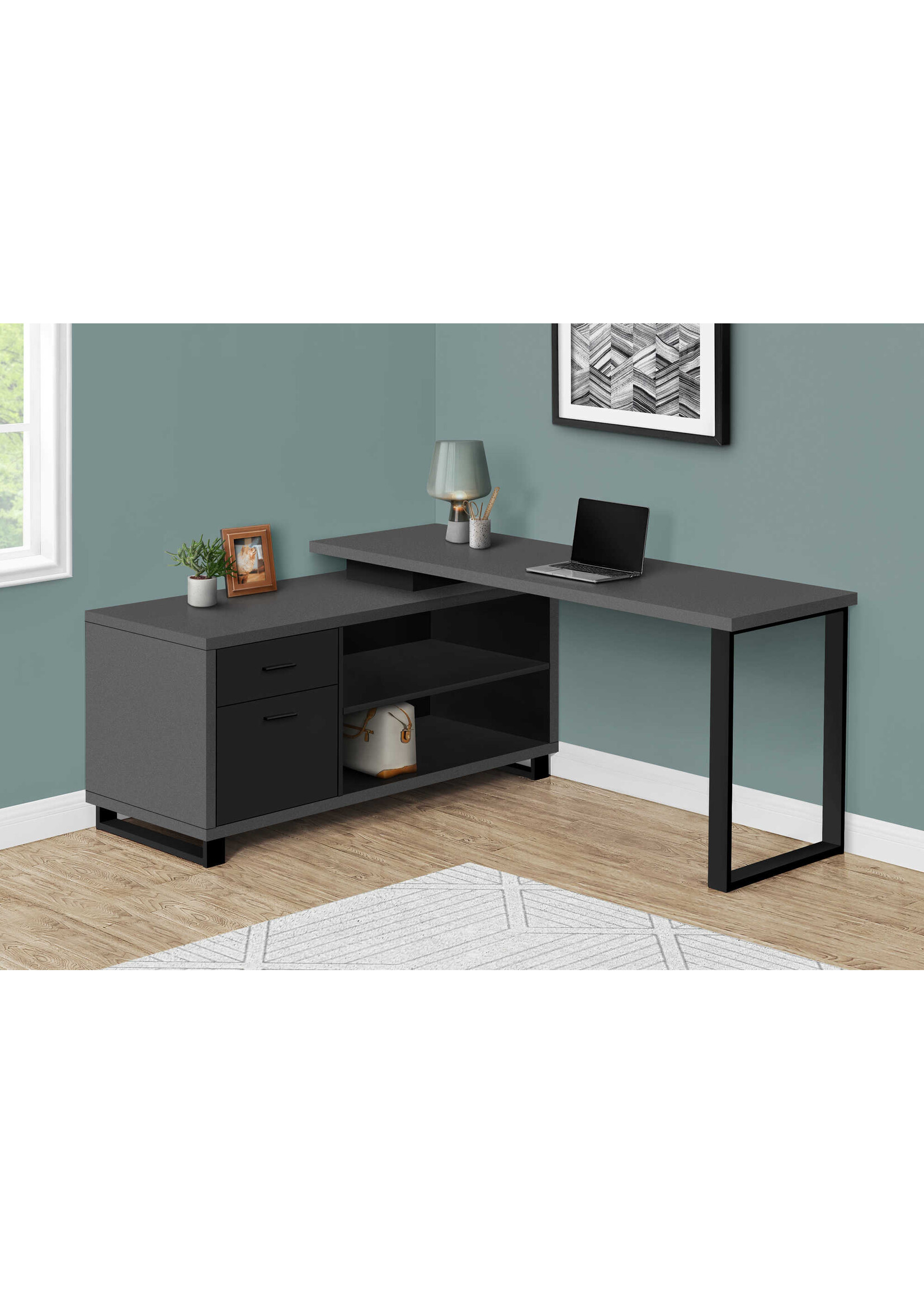 COMPUTER DESK - 72"L MODERN GREY / BLACK EXECUTIVE CORNER