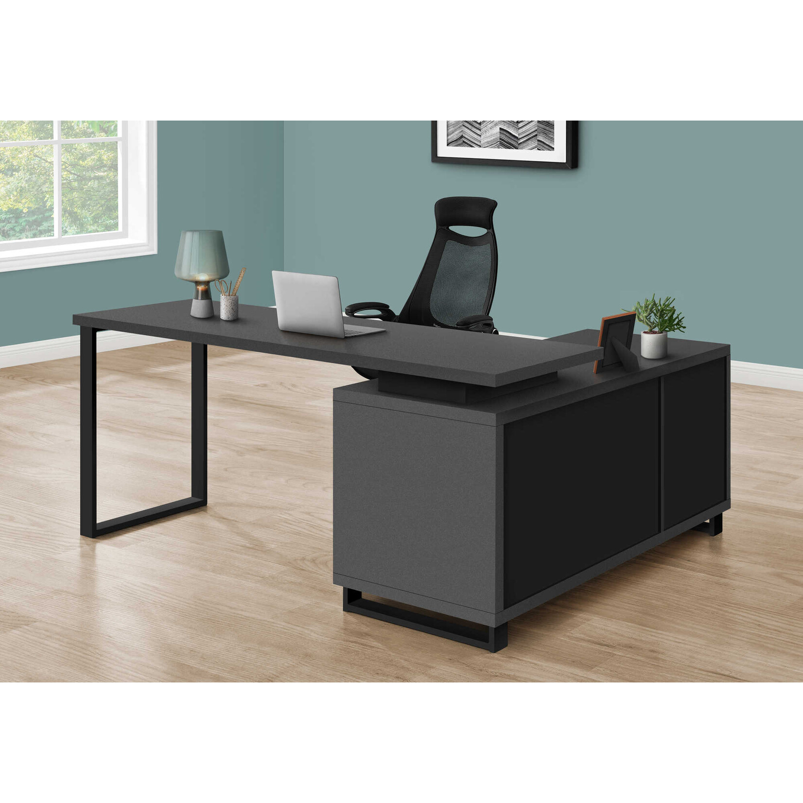 COMPUTER DESK - 72"L MODERN GREY / BLACK EXECUTIVE CORNER