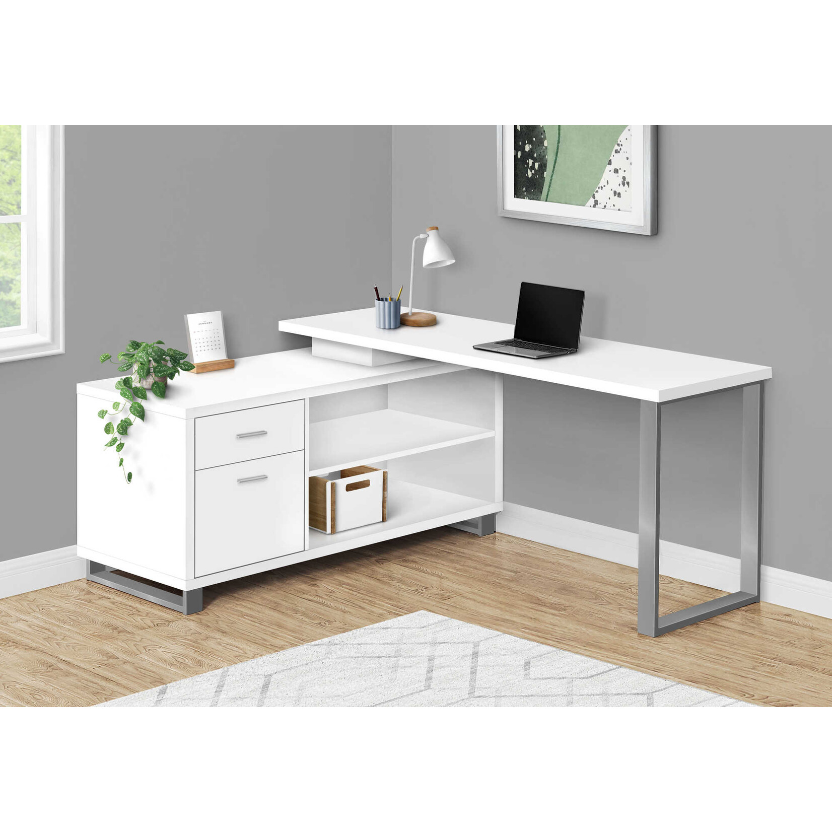COMPUTER DESK - 72"L WHITE / SILVER EXECUTIVE CORNER