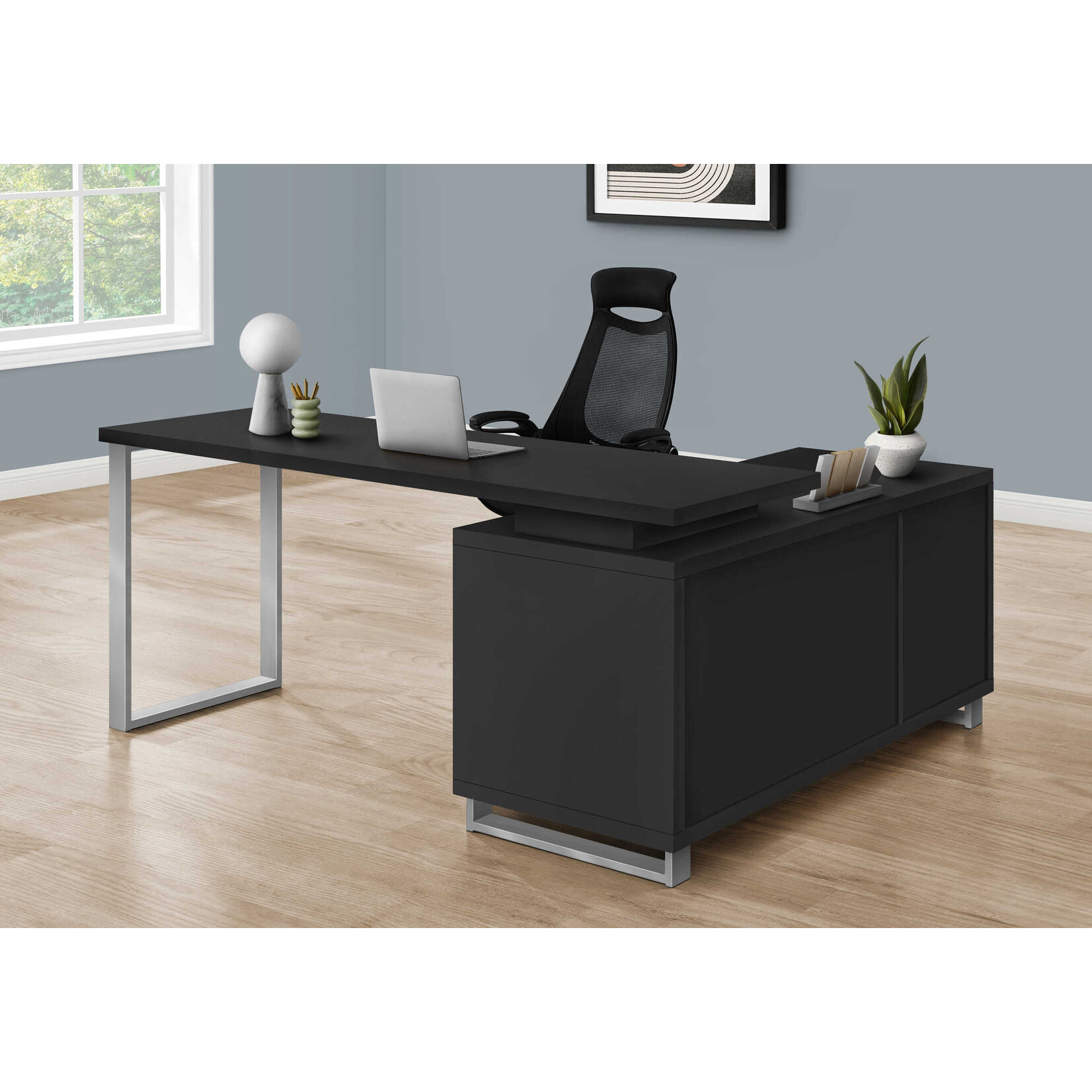 COMPUTER DESK - 72"L BLACK / SILVER EXECUTIVE CORNER
