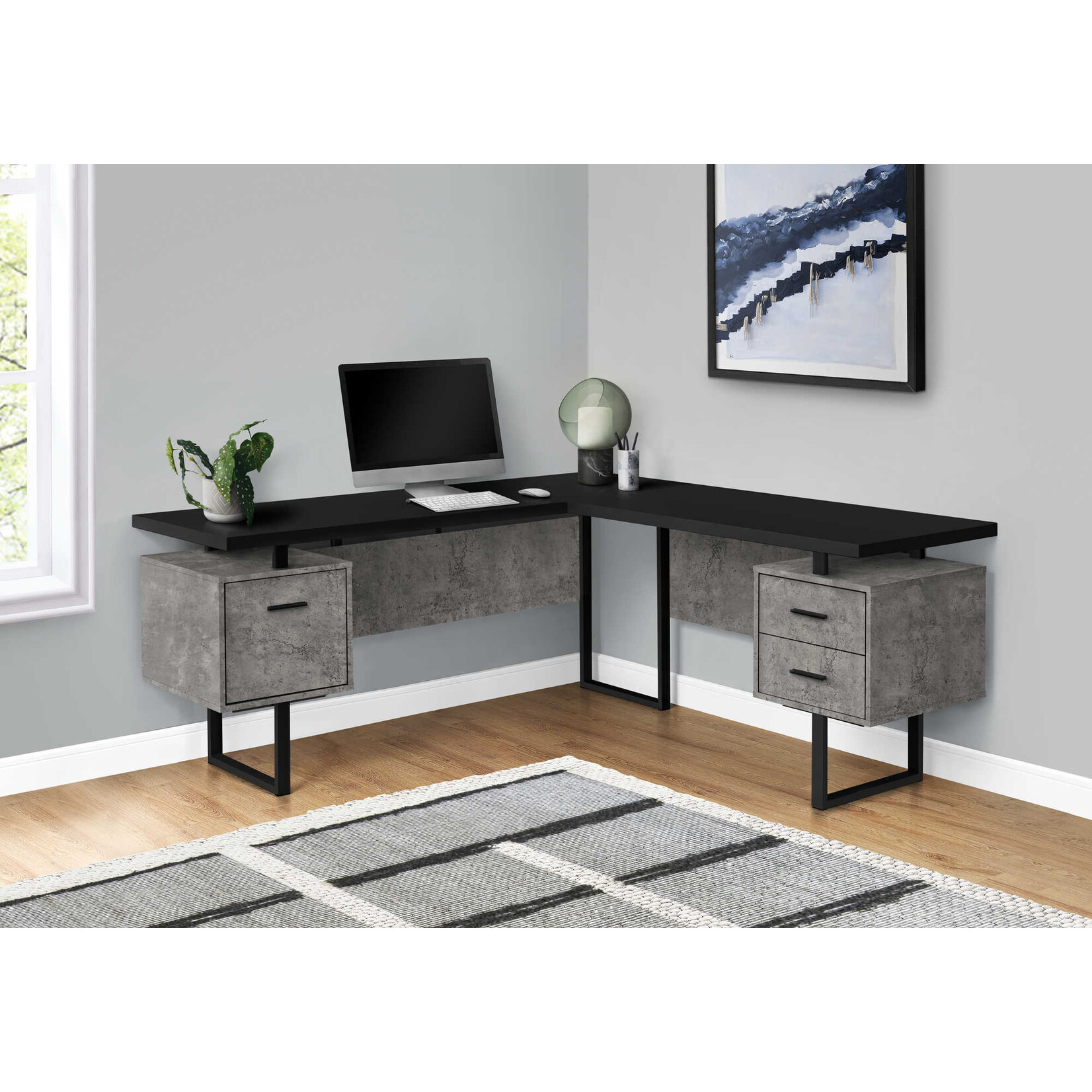 COMPUTER DESK - 70"L / BLACK/ CONCRETE/ BLACK METAL / L/R