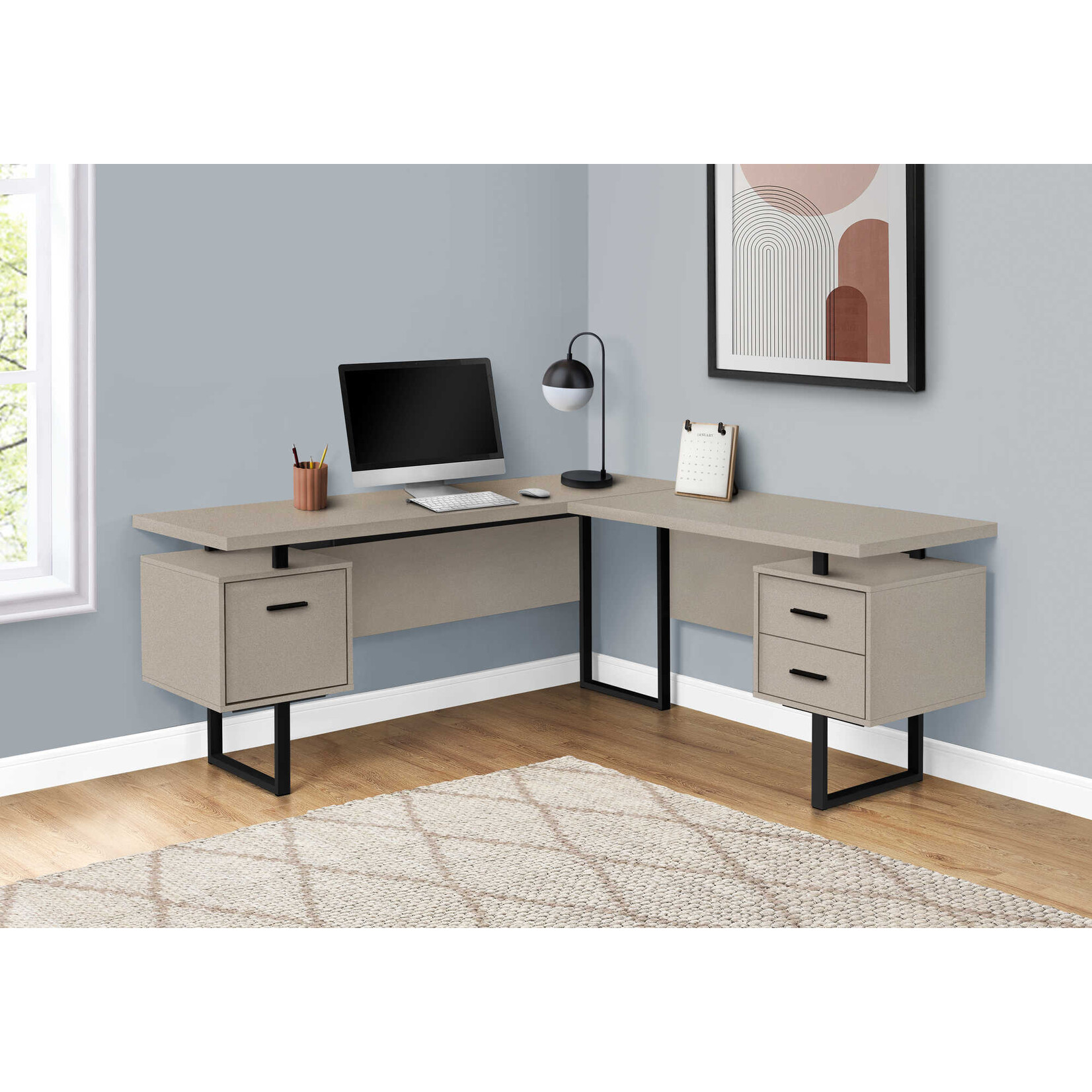COMPUTER DESK - 70"L / MODERN TAUPE / BLACK METAL / L/R