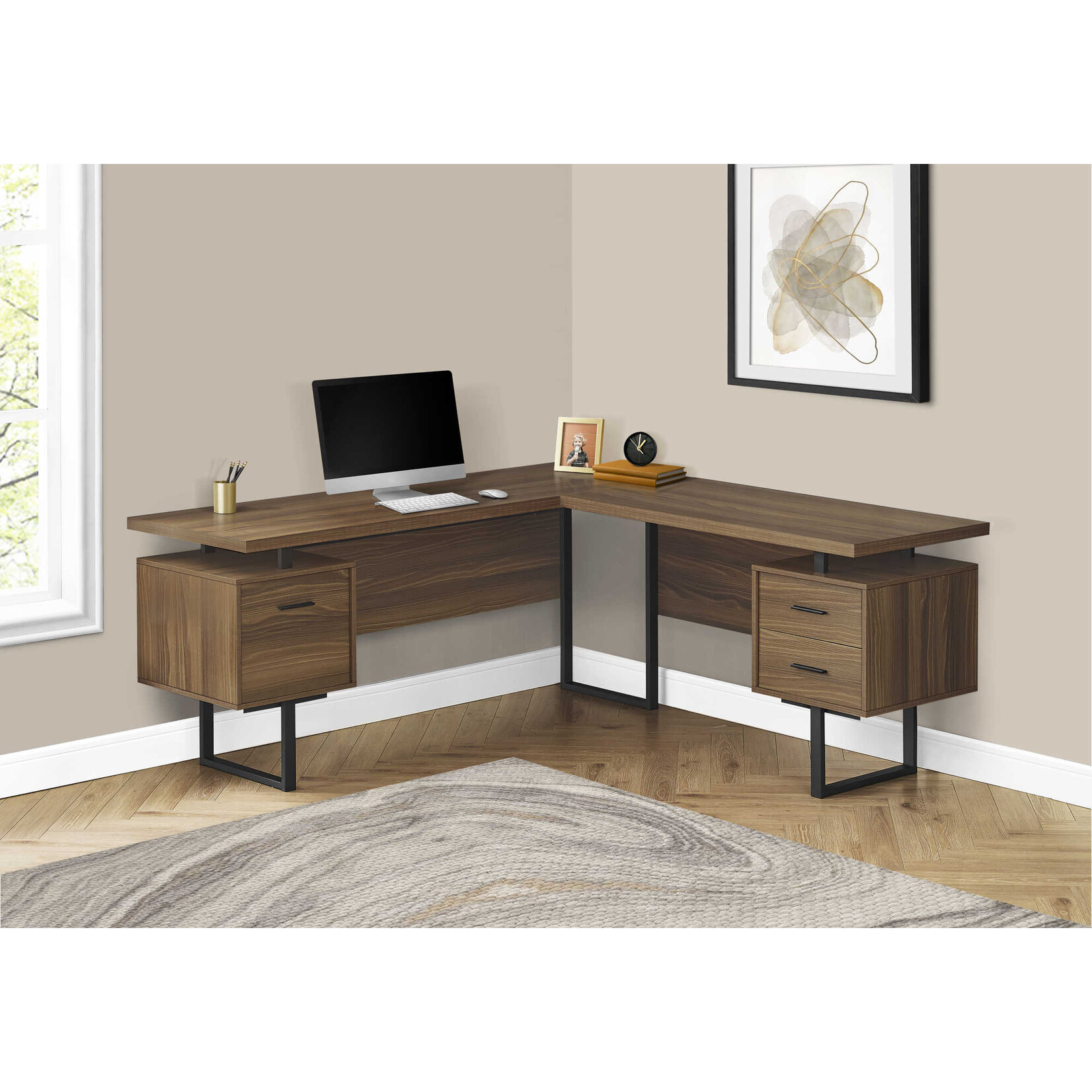 COMPUTER DESK - 70"L / WALNUT / BLACK METAL / L/R FACE