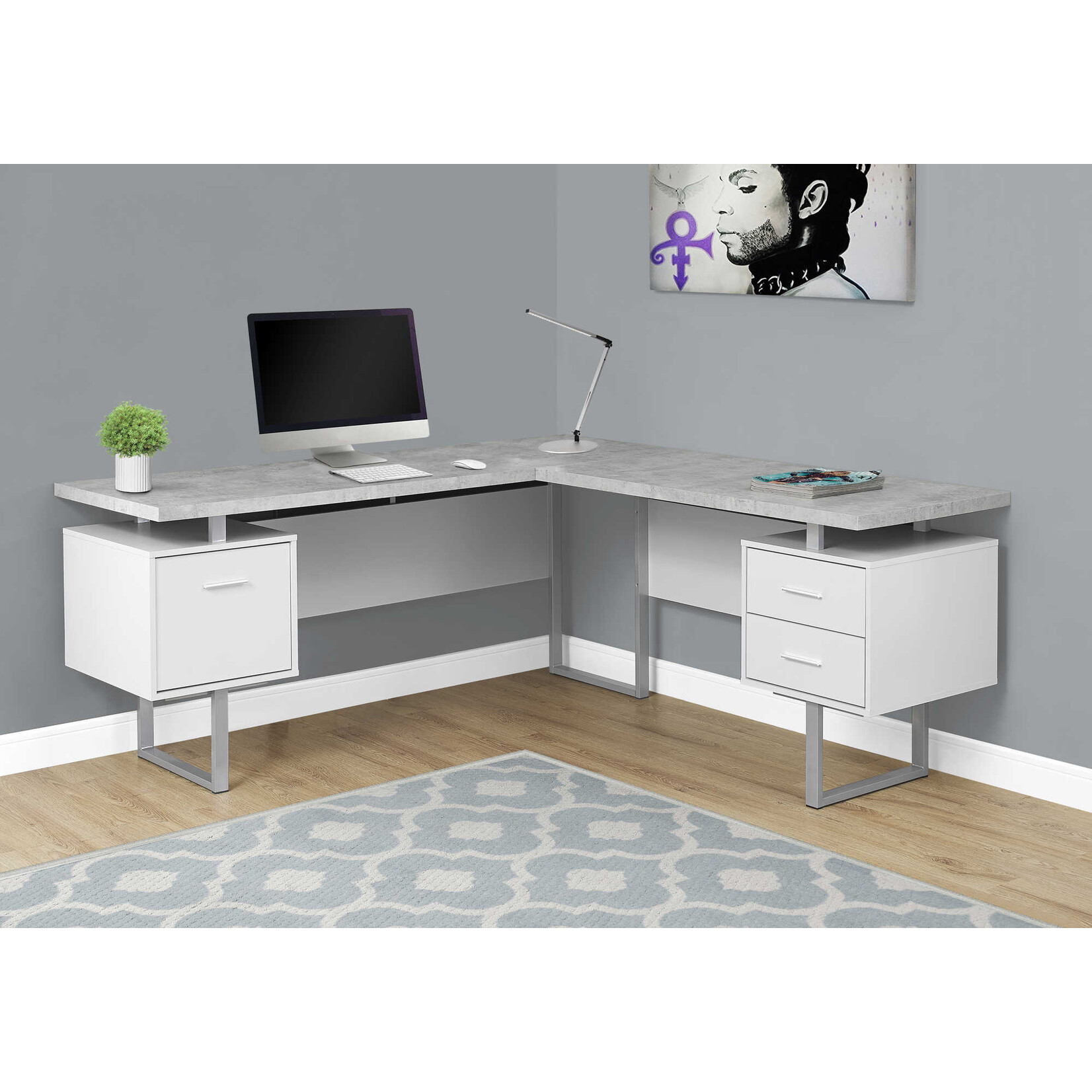 BUREAU - 70"L / BLANC / SIMILI-CIMENT COTE DROIT / GAUCHE