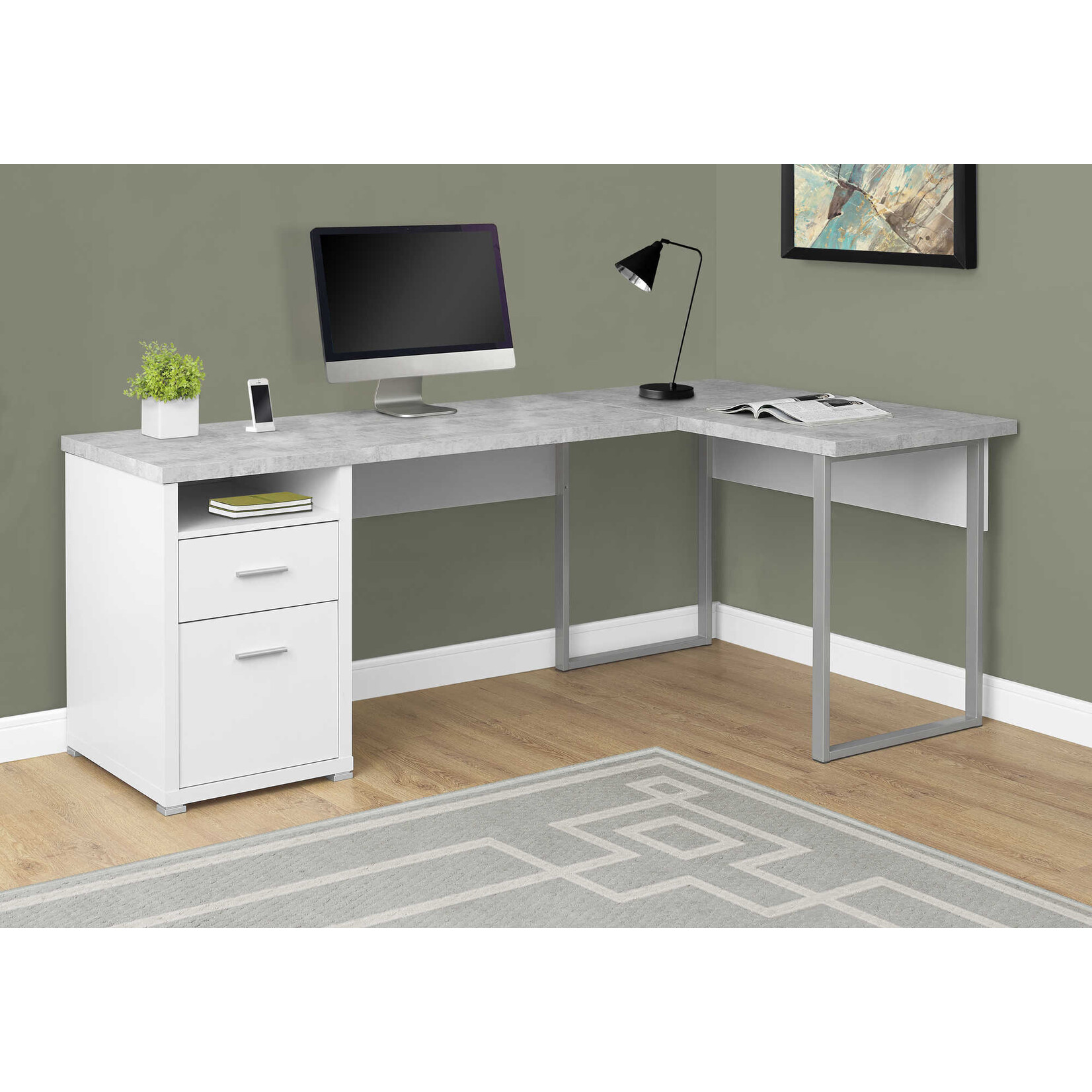 BUREAU - 80"L / BLANC / SIMILI-CIMENT COTE DROIT / GAUCHE