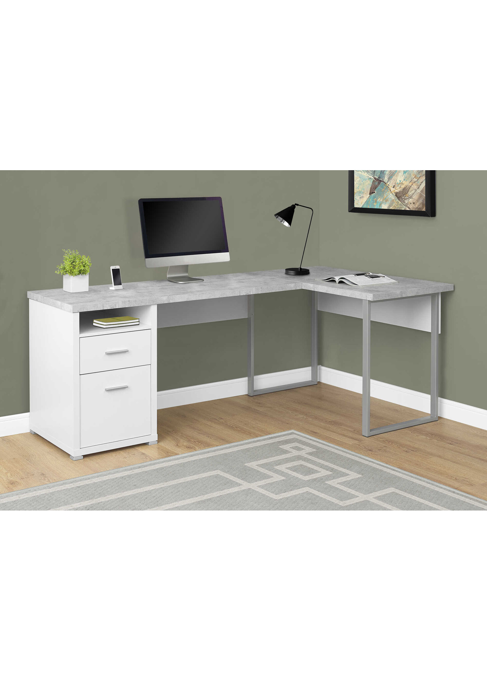 BUREAU - 80"L / BLANC / SIMILI-CIMENT COTE DROIT / GAUCHE