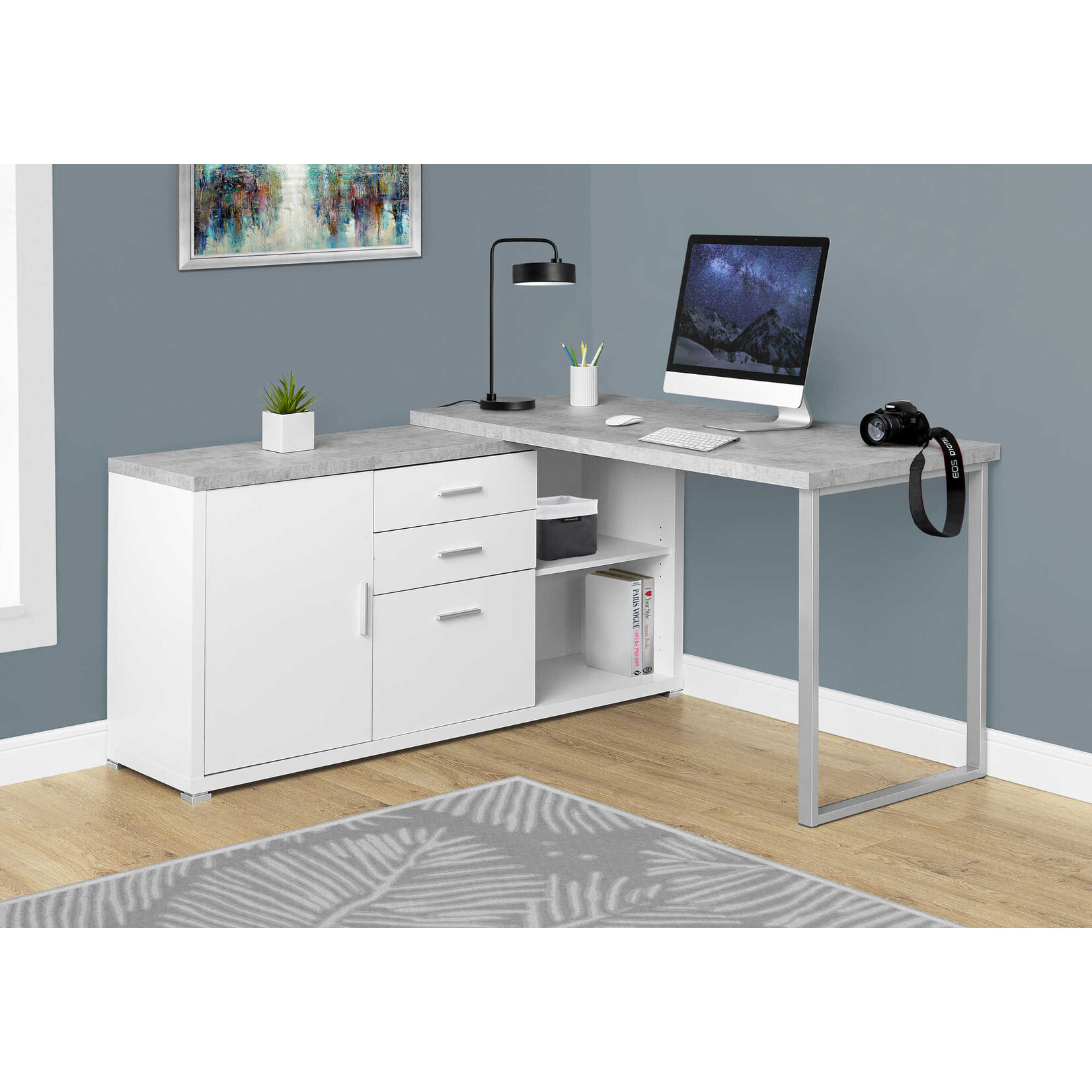 COMPUTER DESK - 60"L WHITE / CEMENT-LOOK LEFT/RIGHT FACE