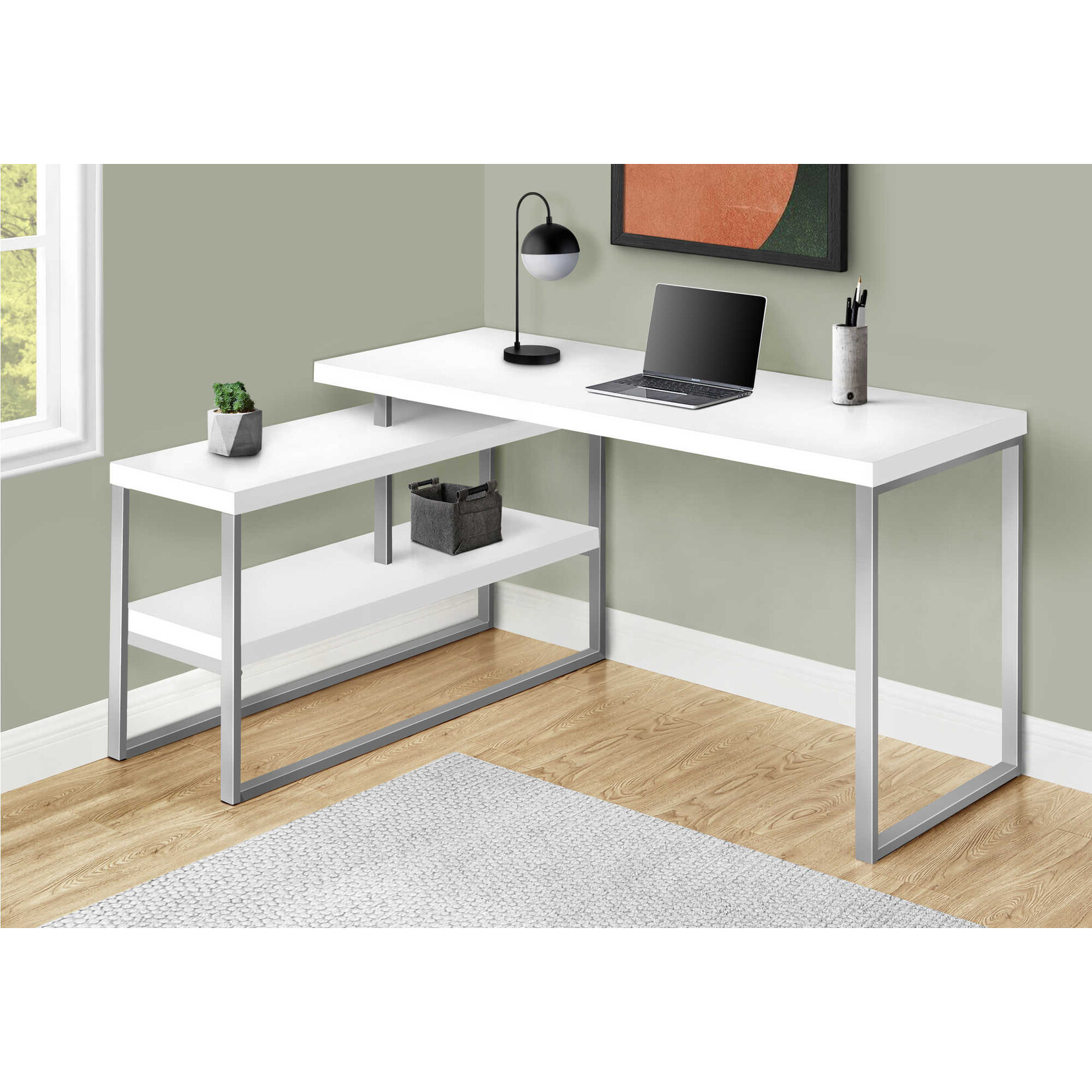 BUREAU - 60"L / BLANC / METAL ARGENT DE COIN COTE D/G