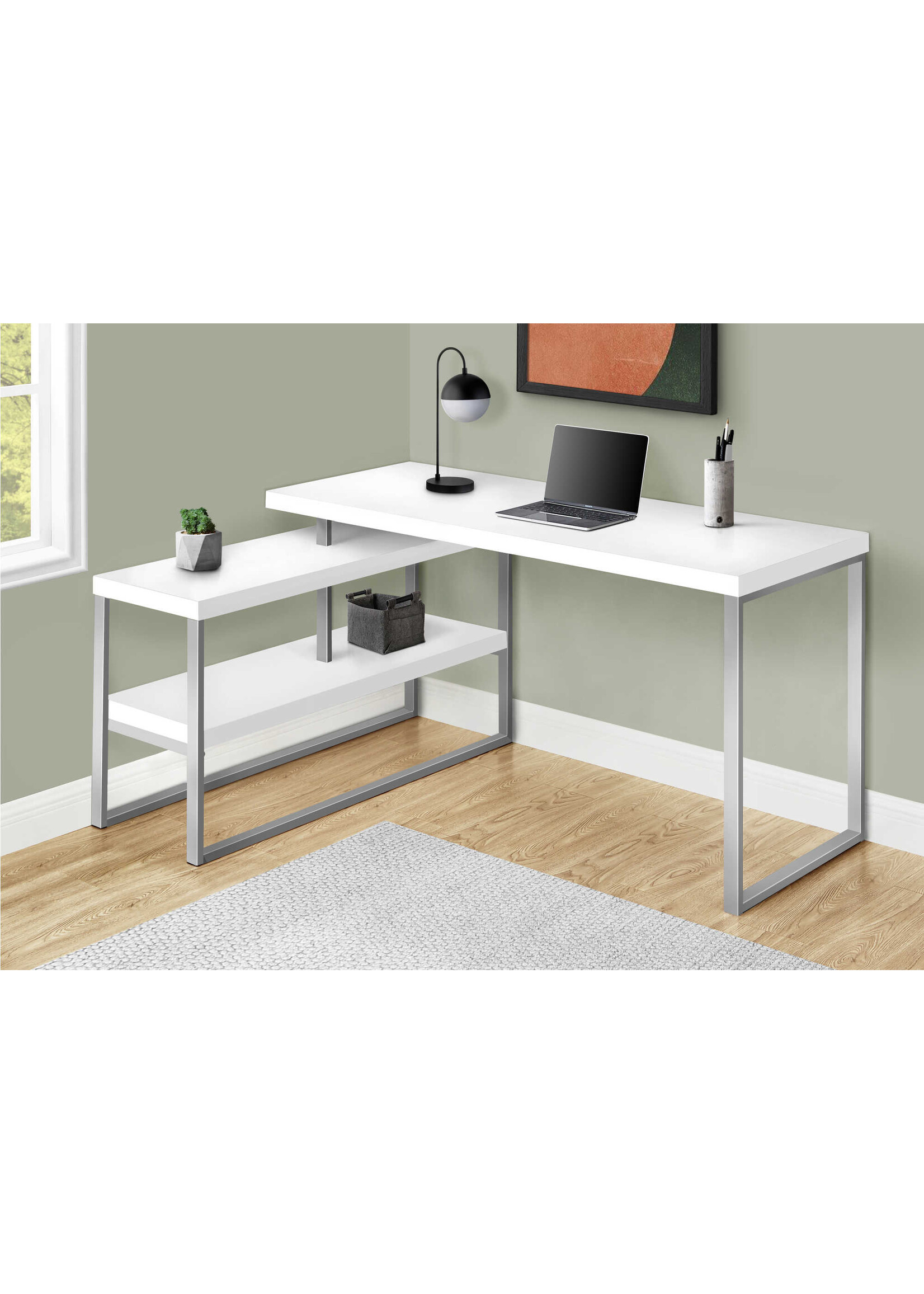 BUREAU - 60"L / BLANC / METAL ARGENT DE COIN COTE D/G