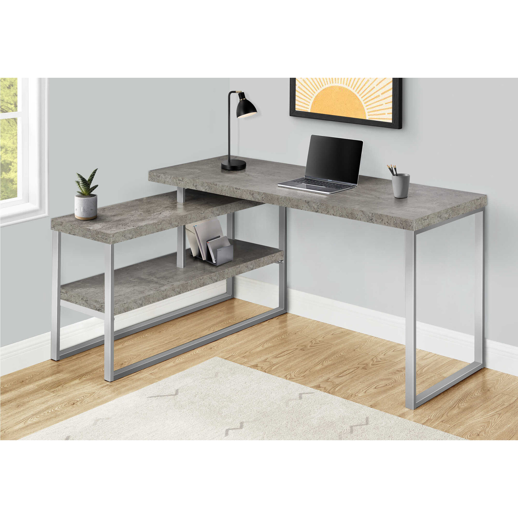 COMPUTER DESK - 60"L / CONCRETE / SILVER METAL L/R CORNER