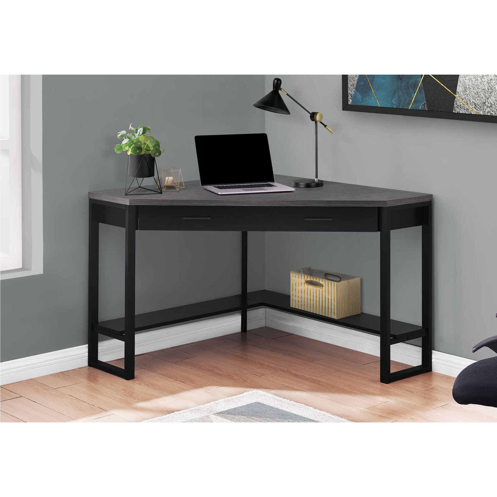 COMPUTER DESK - 42"L / BLACK / GREY TOP CORNER / BLACK