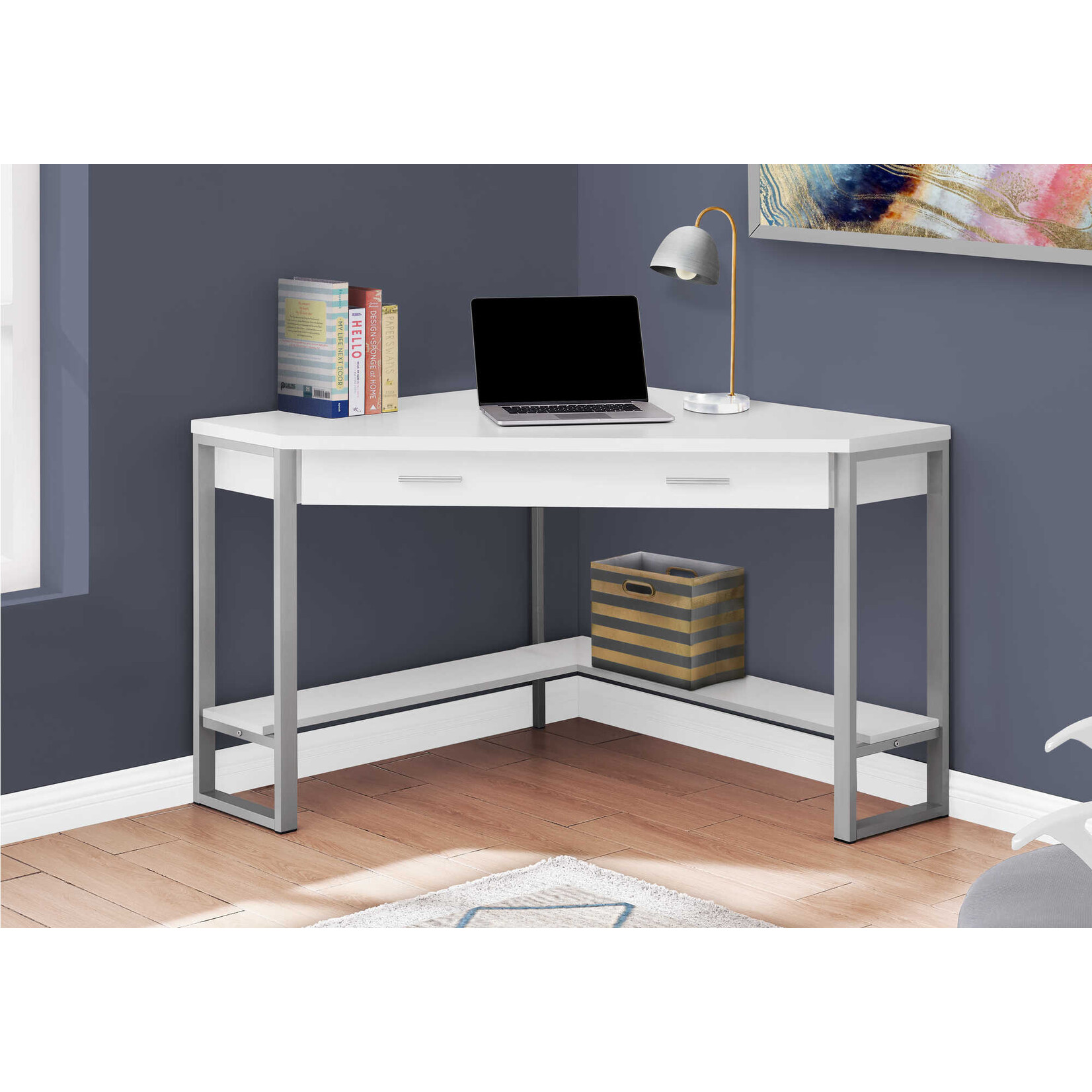 COMPUTER DESK - 42"L / WHITE CORNER / SILVER METAL