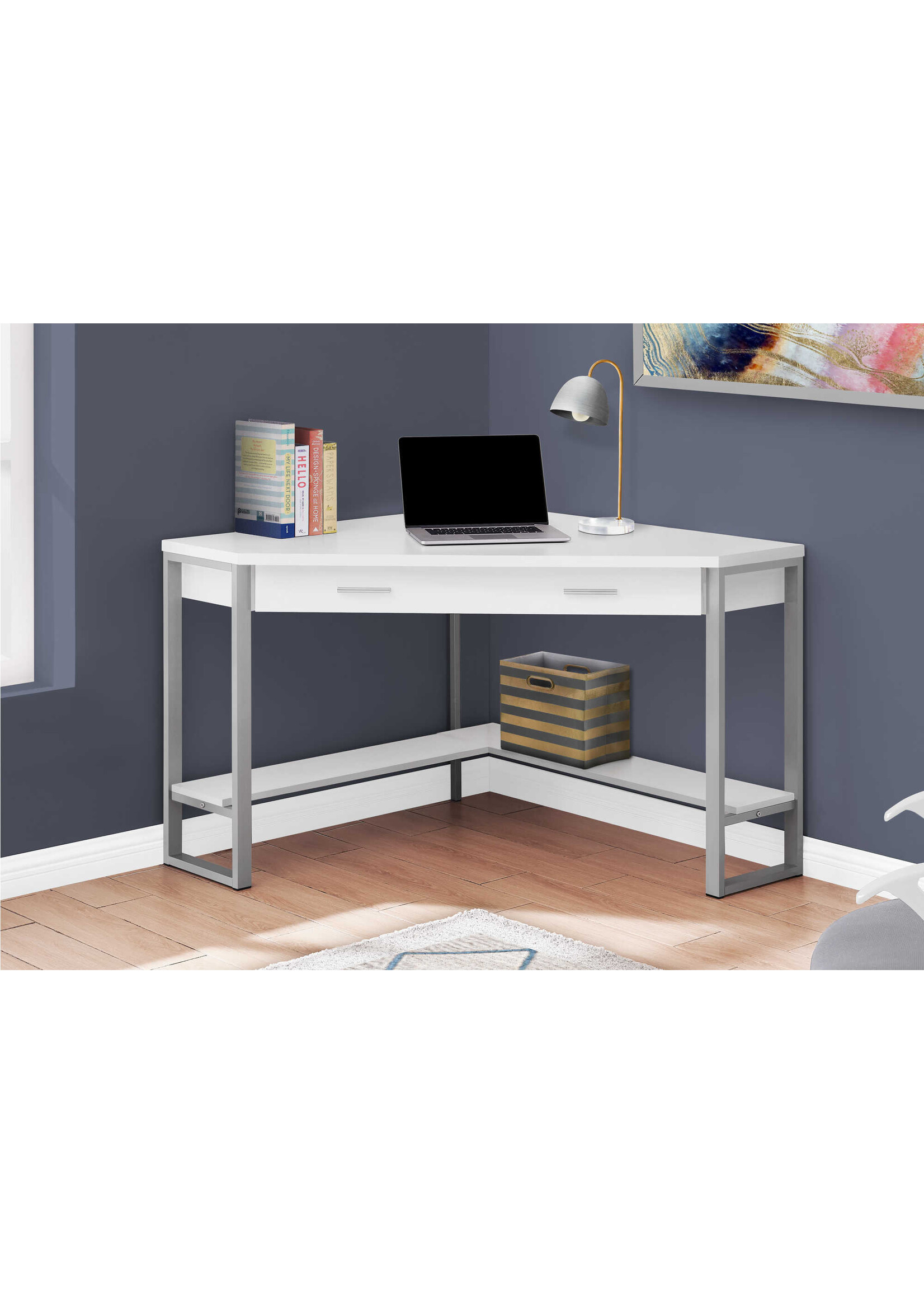 BUREAU - 42"L / EN COIN BLANC / METAL ARGENT