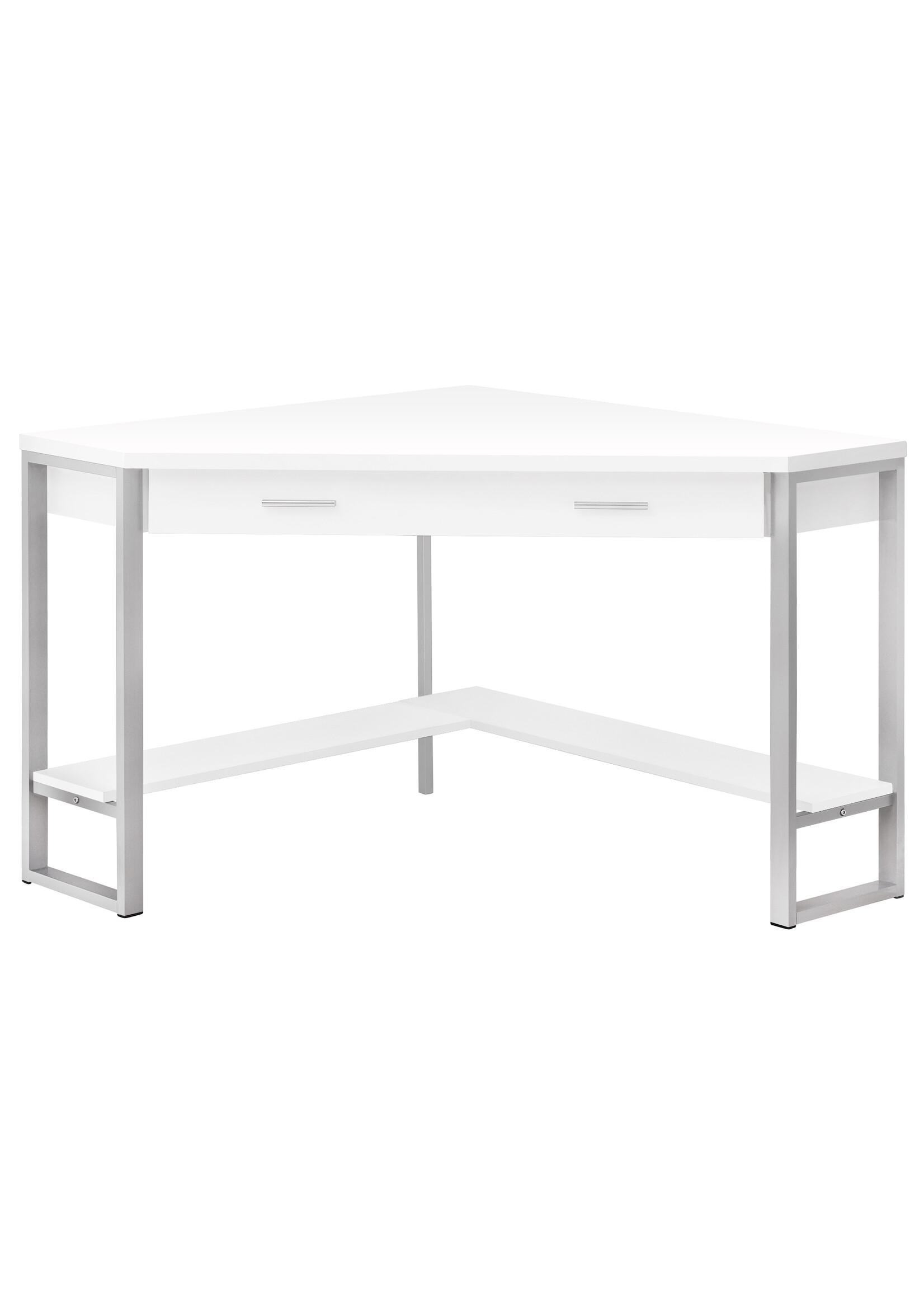 BUREAU - 42"L / EN COIN BLANC / METAL ARGENT