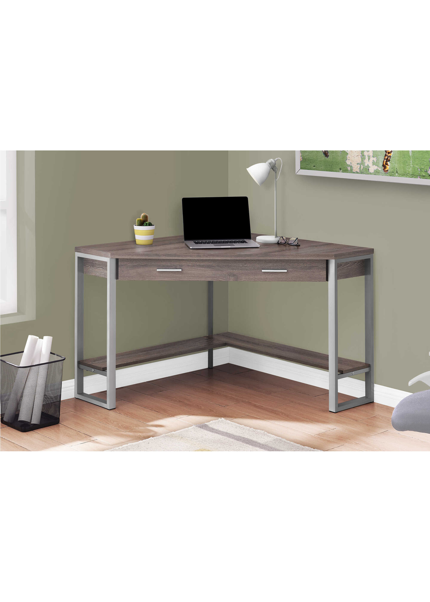 COMPUTER DESK - 42"L / DARK TAUPE CORNER / SILVER METAL