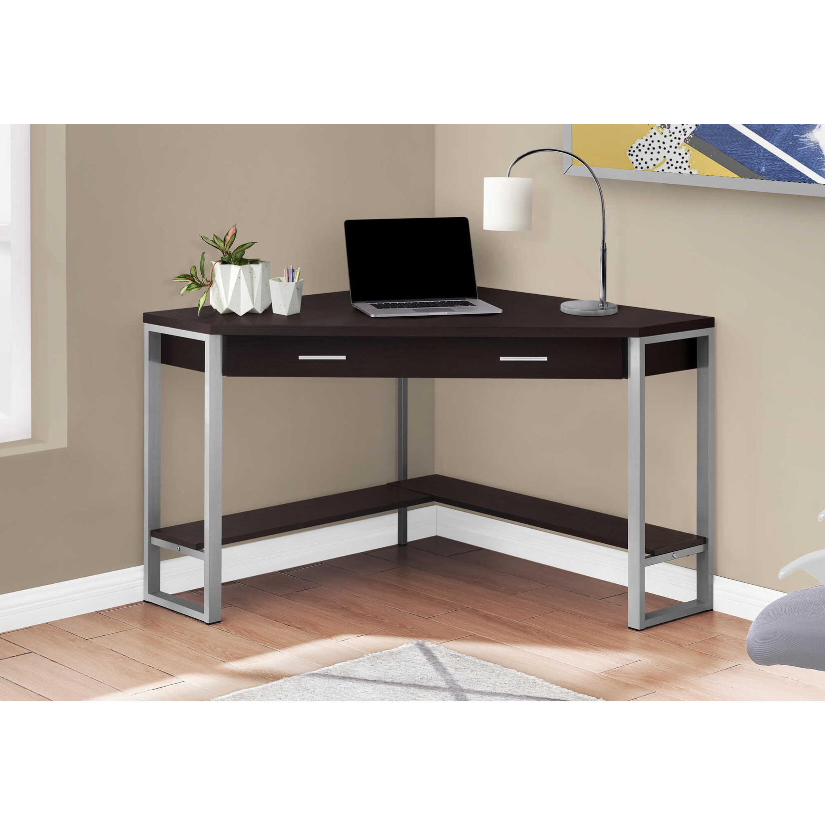 COMPUTER DESK - 42"L / CAPPUCCINO CORNER / SILVER METAL