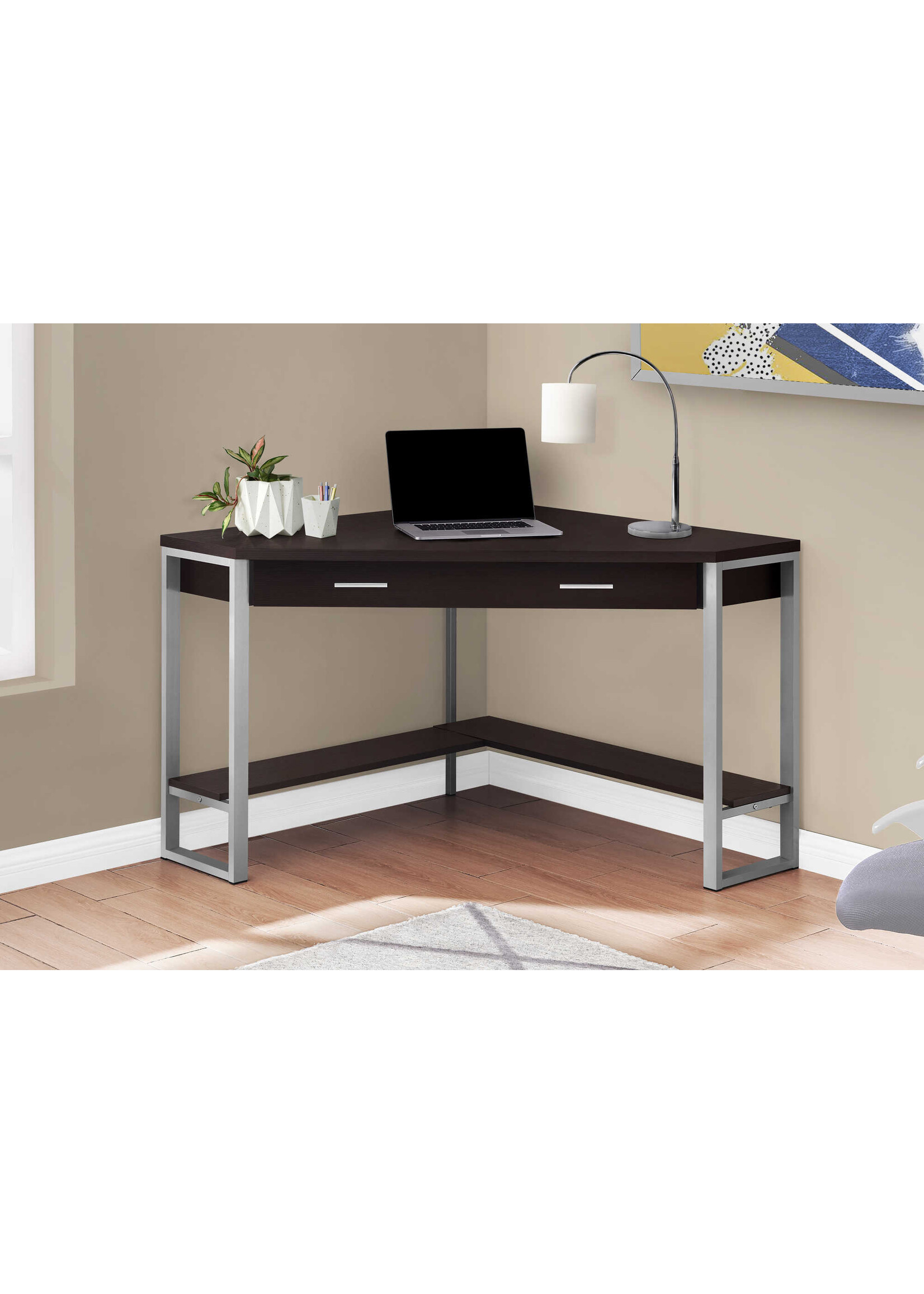 BUREAU - 42"L / EN COIN ESPRESSO / METAL ARGENT