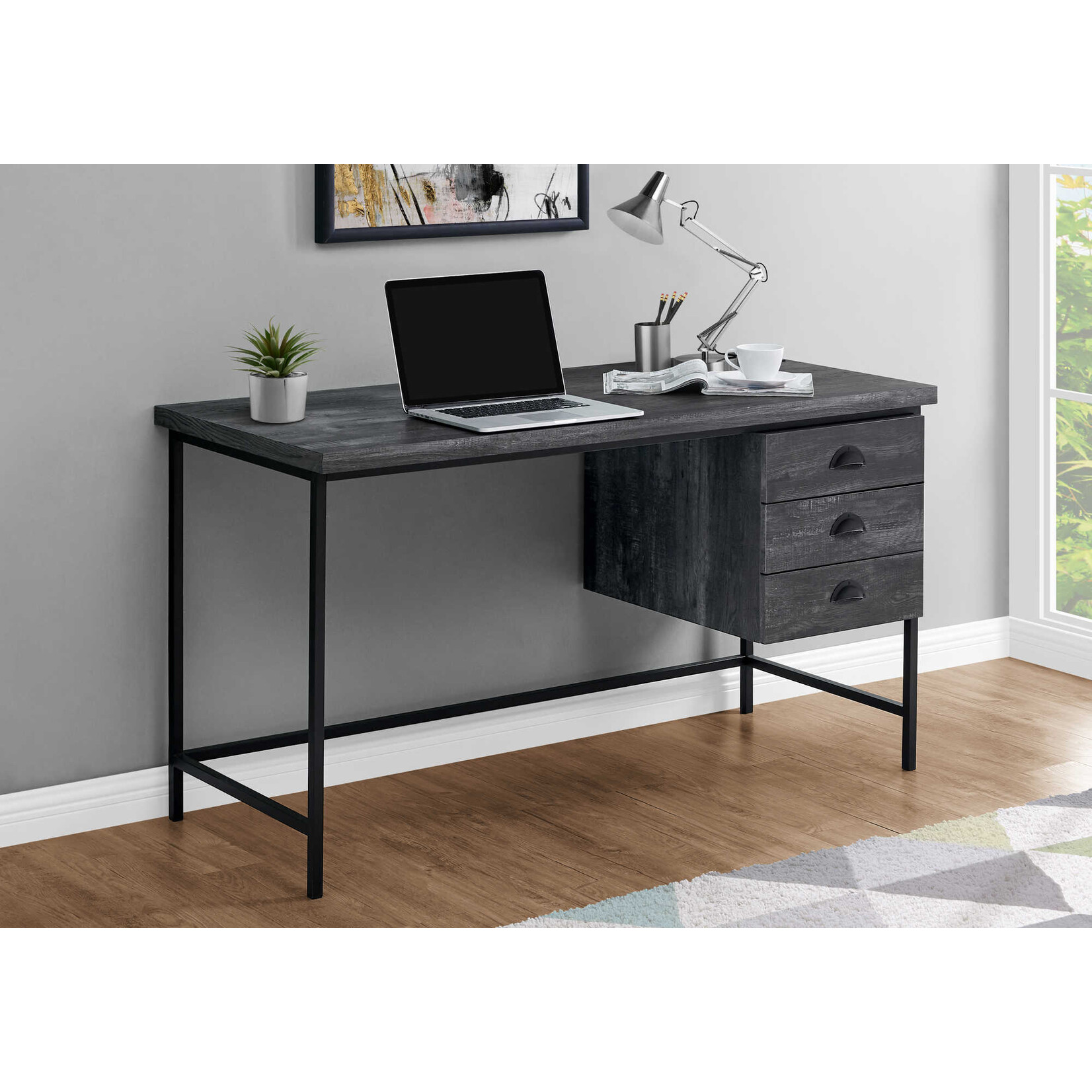 COMPUTER DESK - 55"L / BLACK RECLAIMED WOOD / BLACK METAL