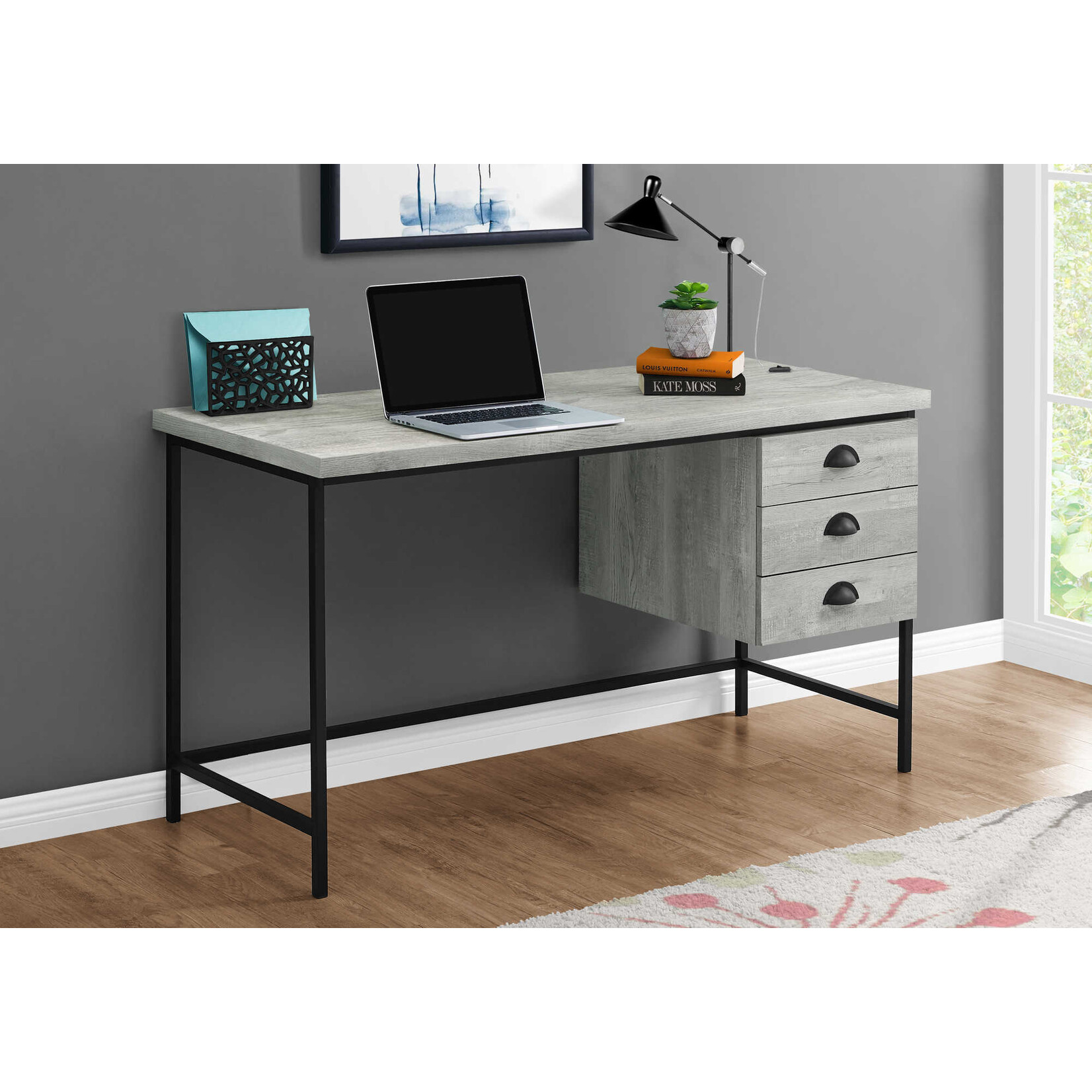 COMPUTER DESK - 55"L / GREY RECLAIMED WOOD / BLACK METAL