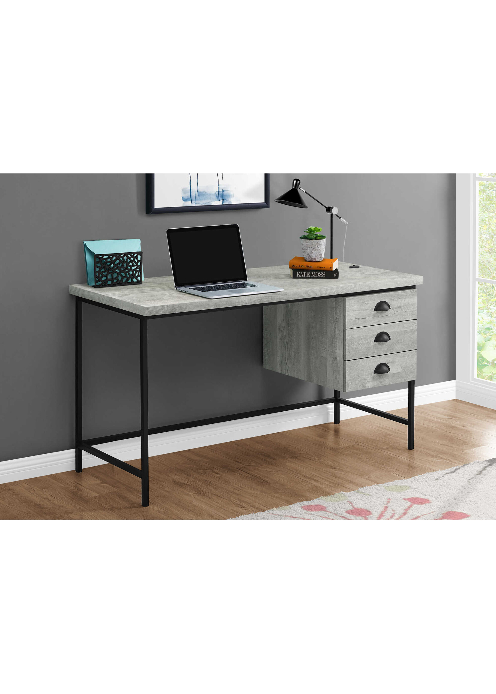 COMPUTER DESK - 55"L / GREY RECLAIMED WOOD / BLACK METAL