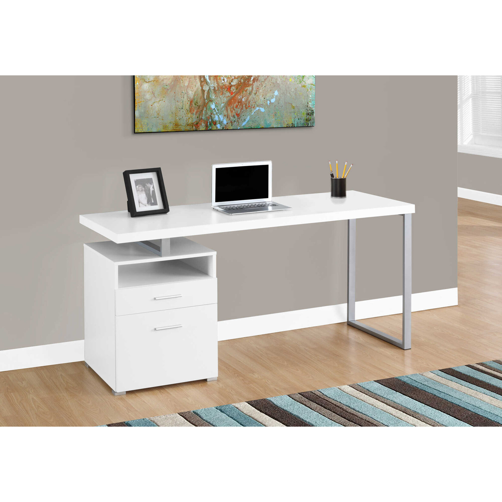 BUREAU - 60"L / BLANC / METAL ARGENT