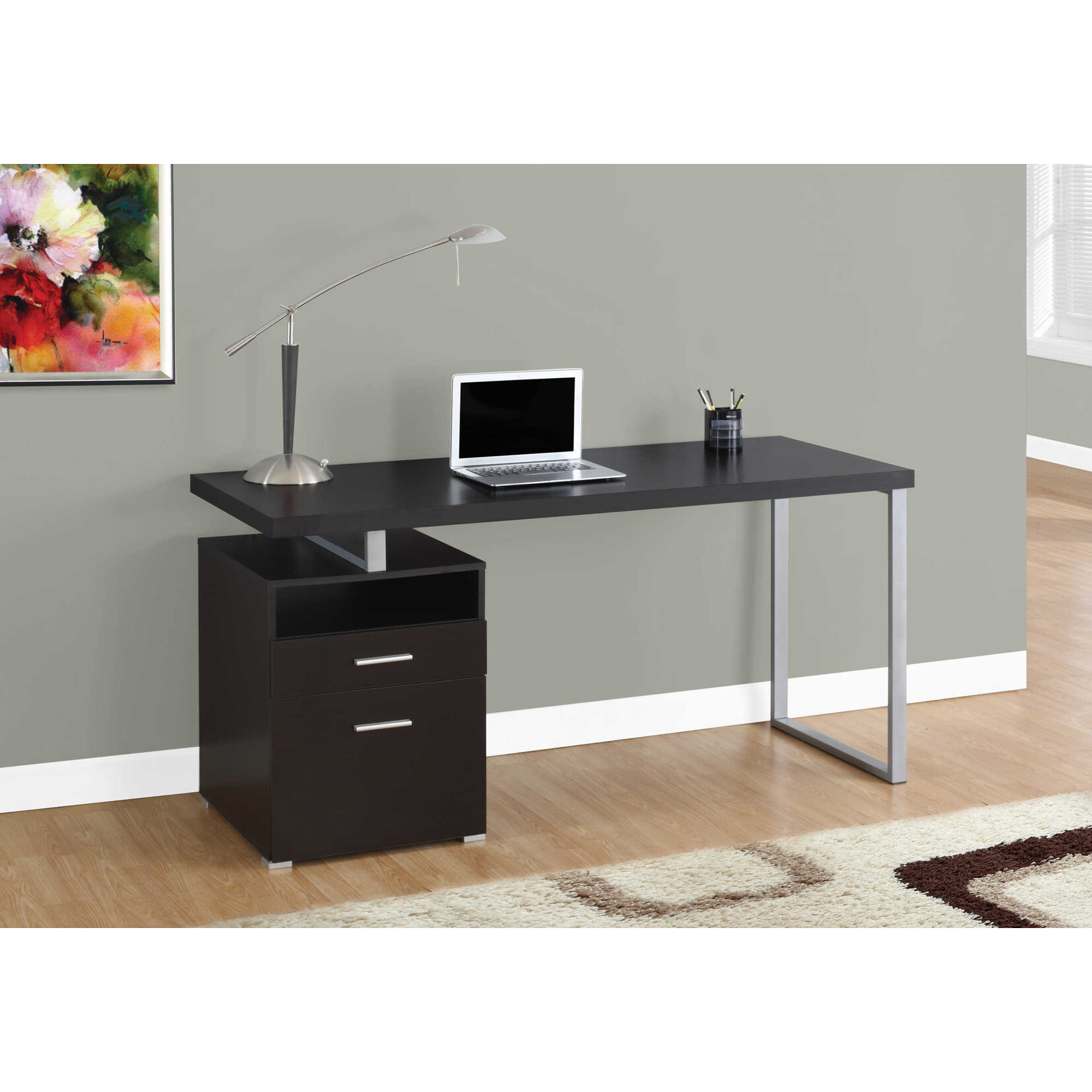 COMPUTER DESK - 60"L / CAPPUCCINO / SILVER METAL