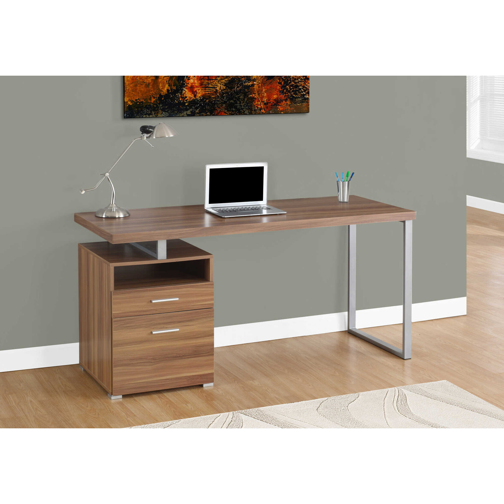 COMPUTER DESK - 60"L / WALNUT / SILVER METAL