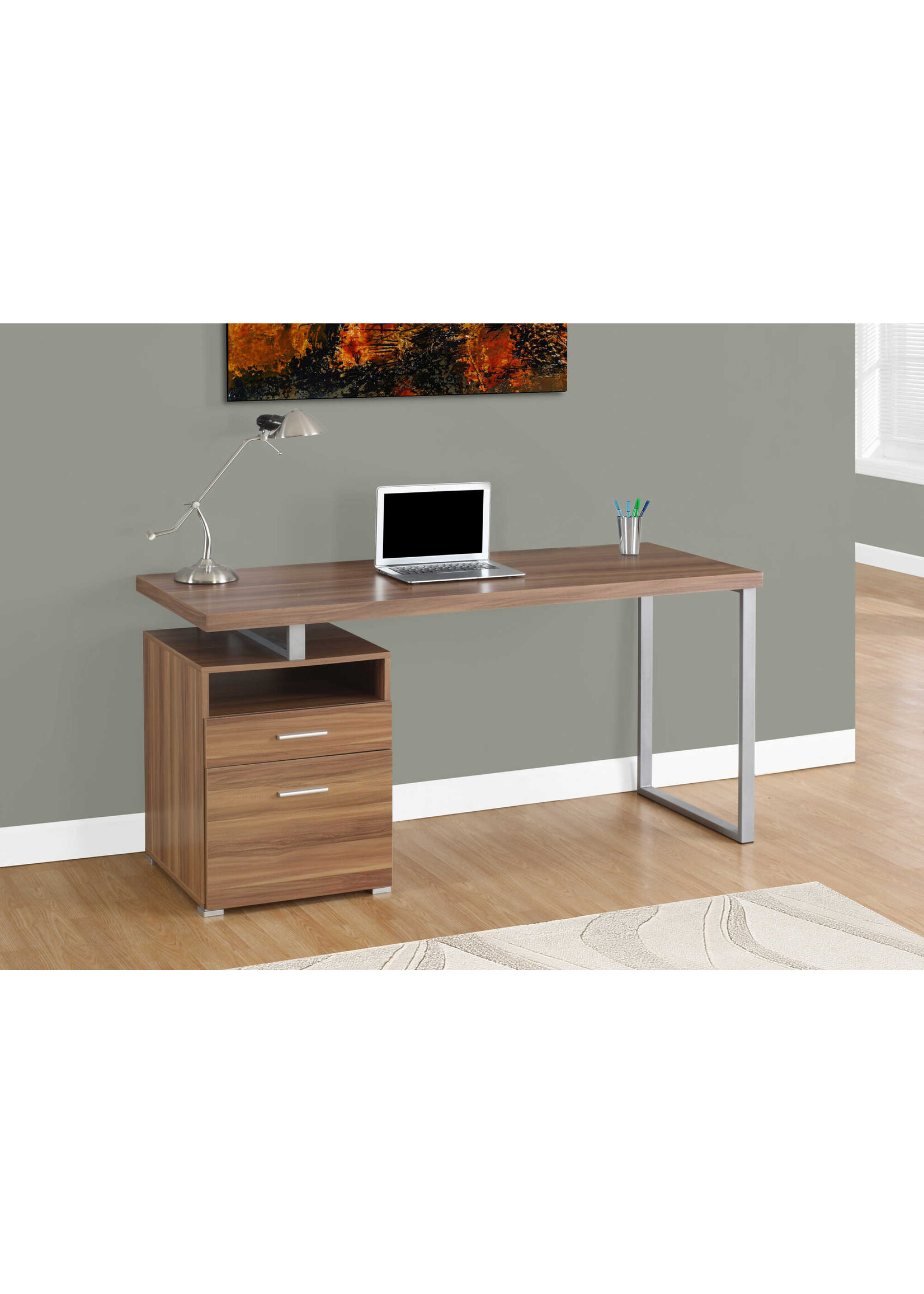 COMPUTER DESK - 60"L / WALNUT / SILVER METAL