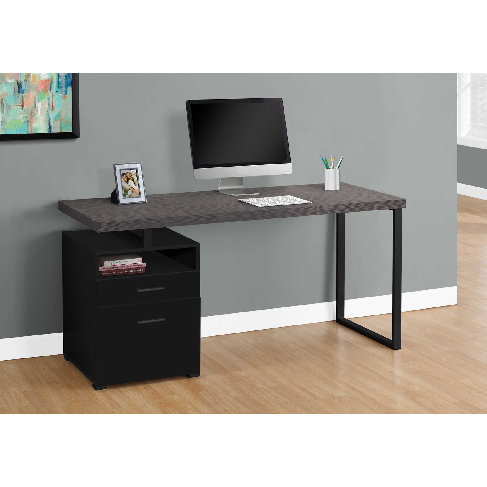 COMPUTER DESK - 60"L / BLACK / GREY TOP / BLACK METAL