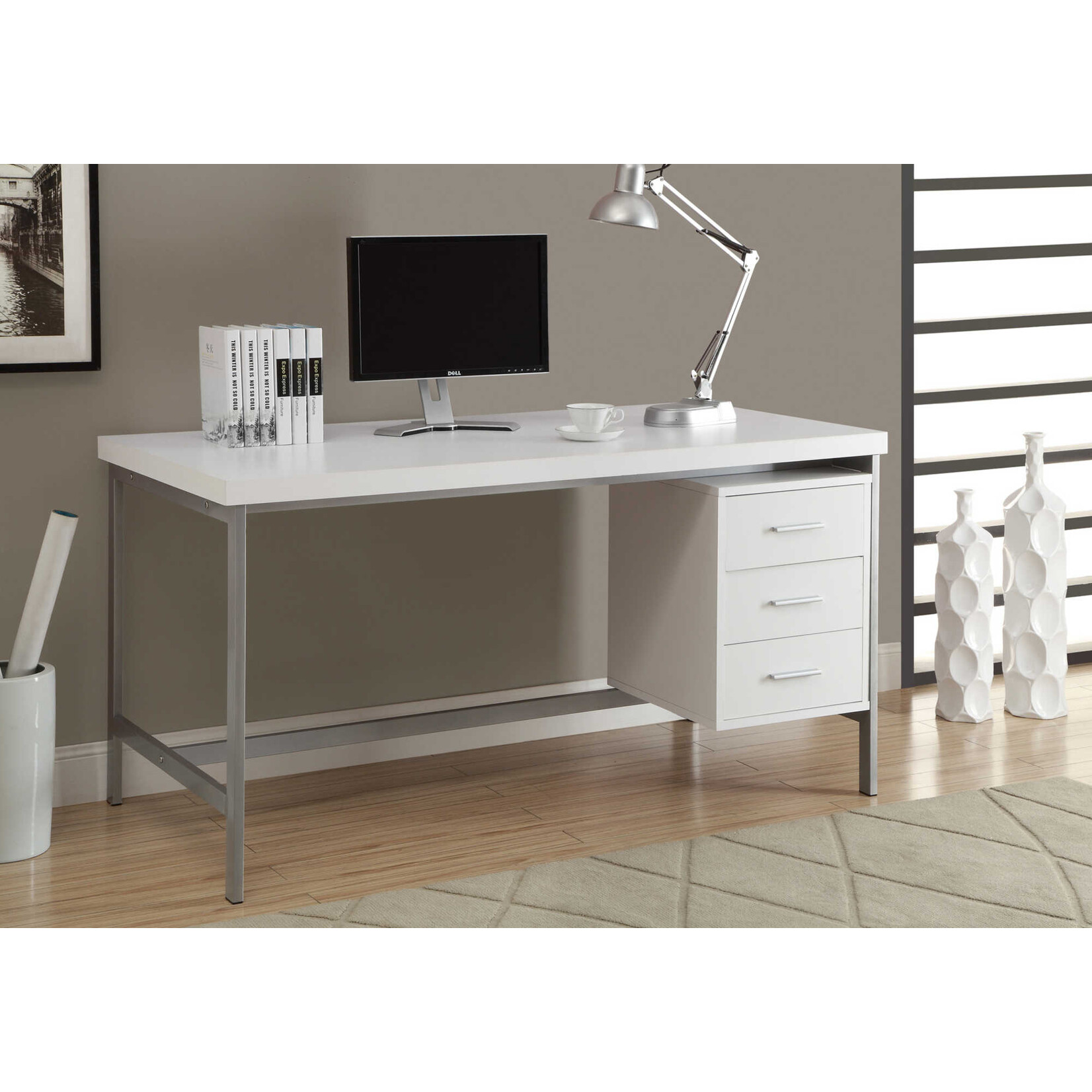 BUREAU - 60"L / METAL ARGENT / BLANC