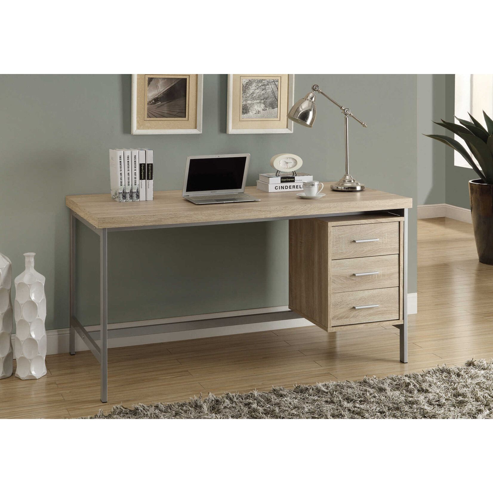 COMPUTER DESK - 60"L / NATURAL WITH SILVER METAL