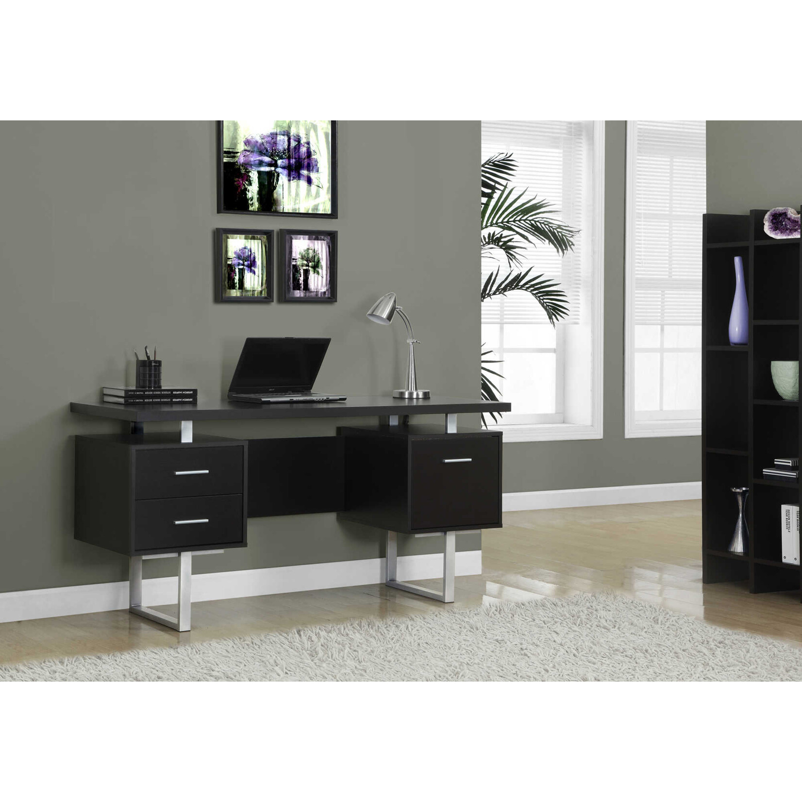 COMPUTER DESK - 60"L / ESPRESSO / SILVER METAL