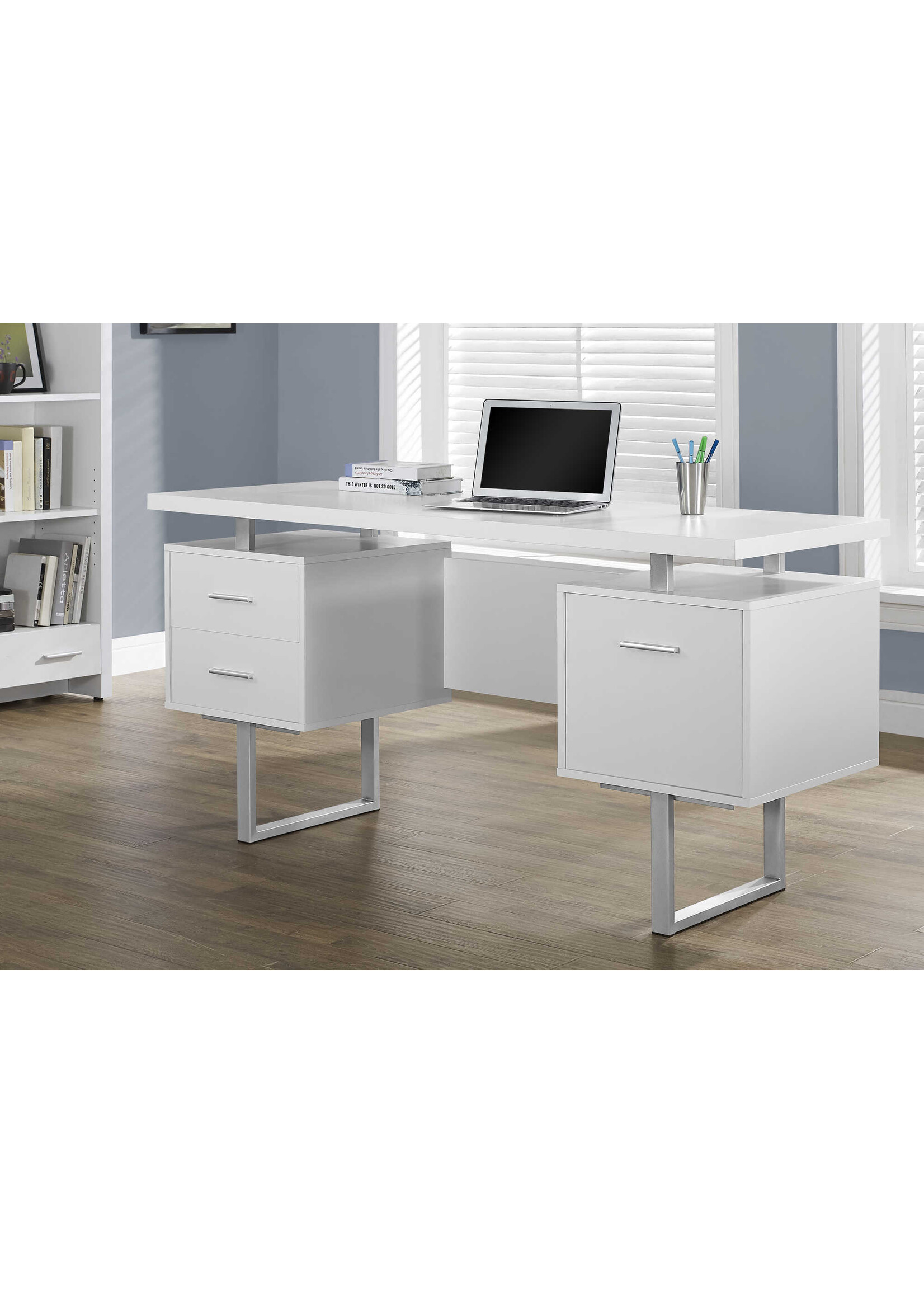 BUREAU - 60"L / METAL ARGENT / BLANC