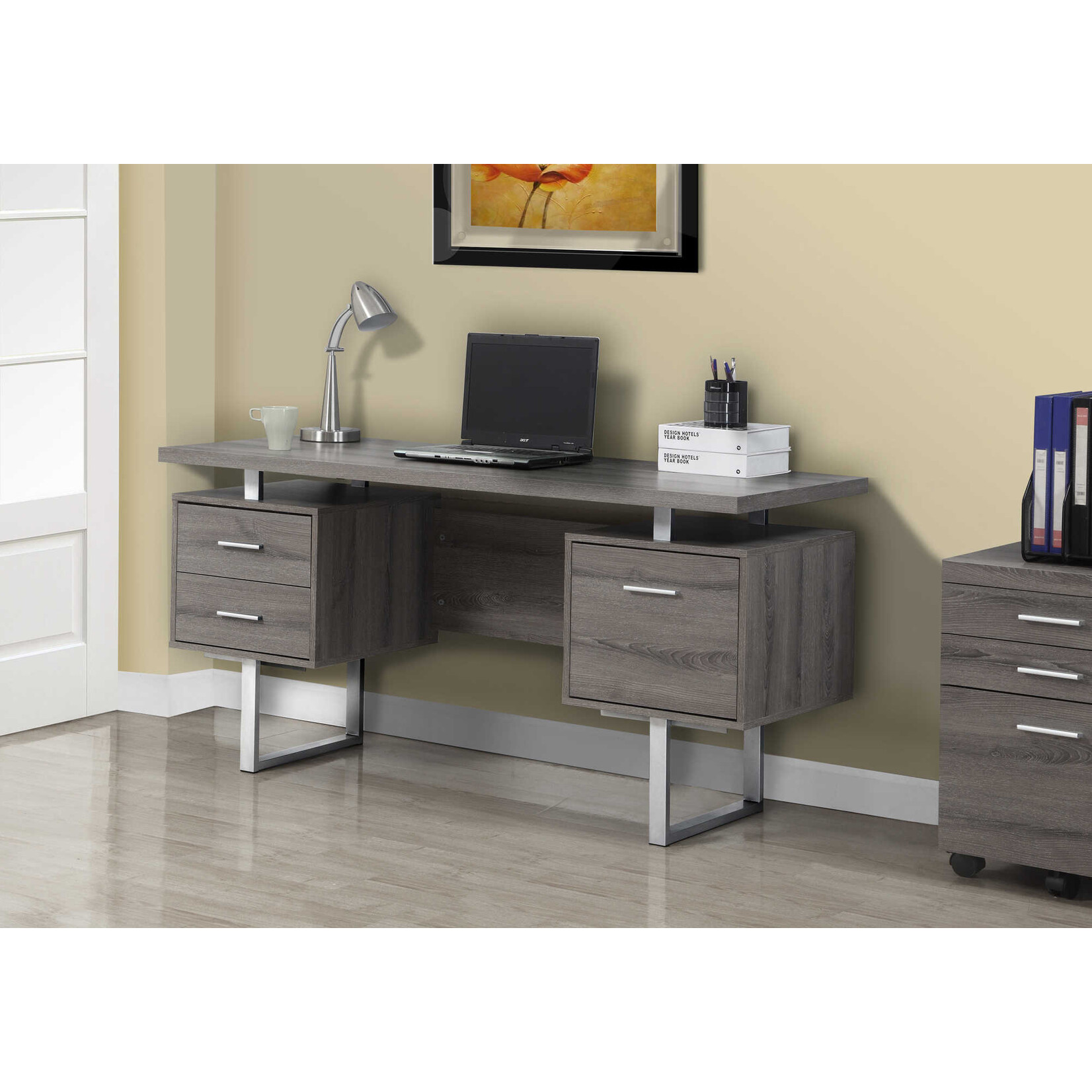 COMPUTER DESK - 60"L / DARK TAUPE / SILVER METAL