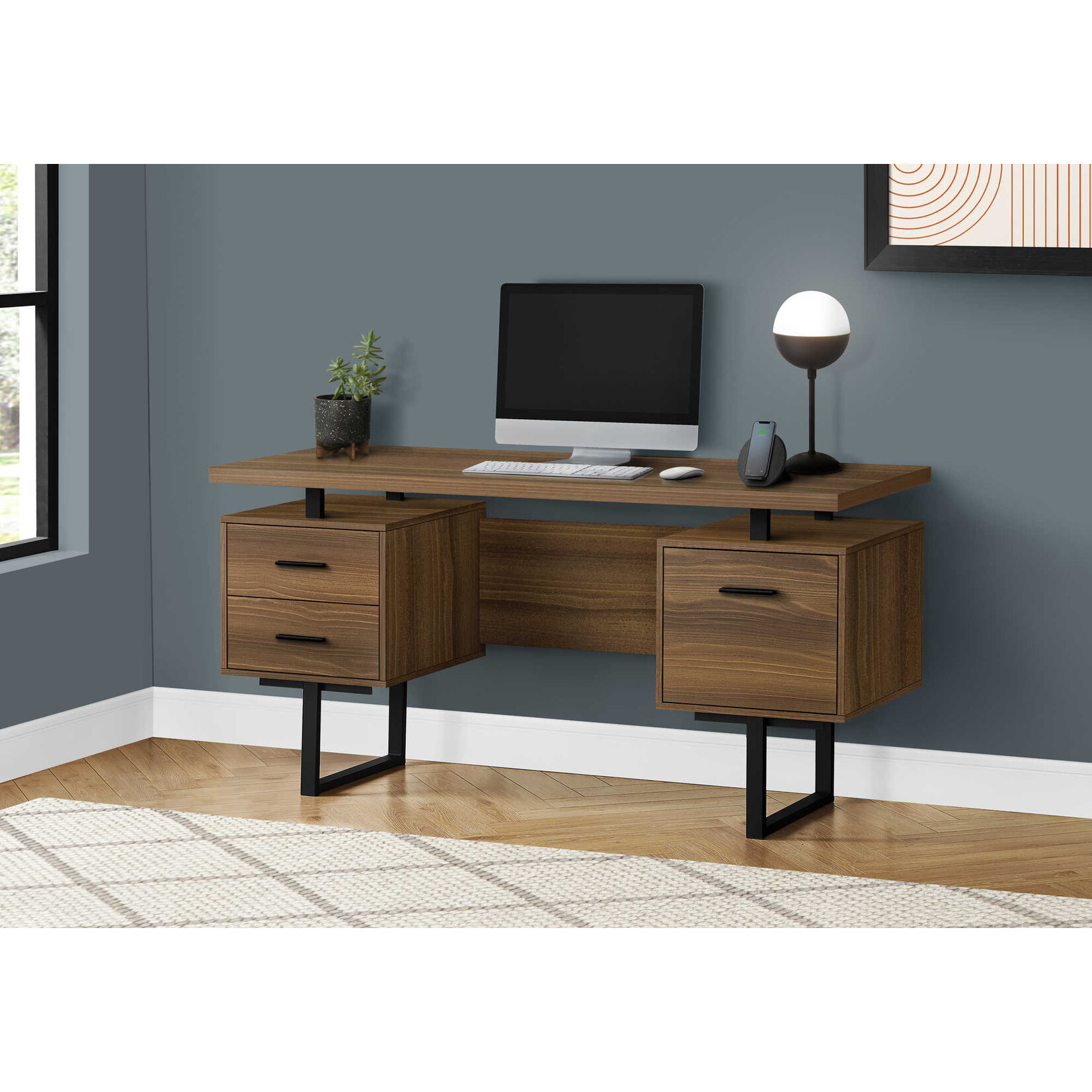 COMPUTER DESK - 60"L / WALNUT / BLACK METAL