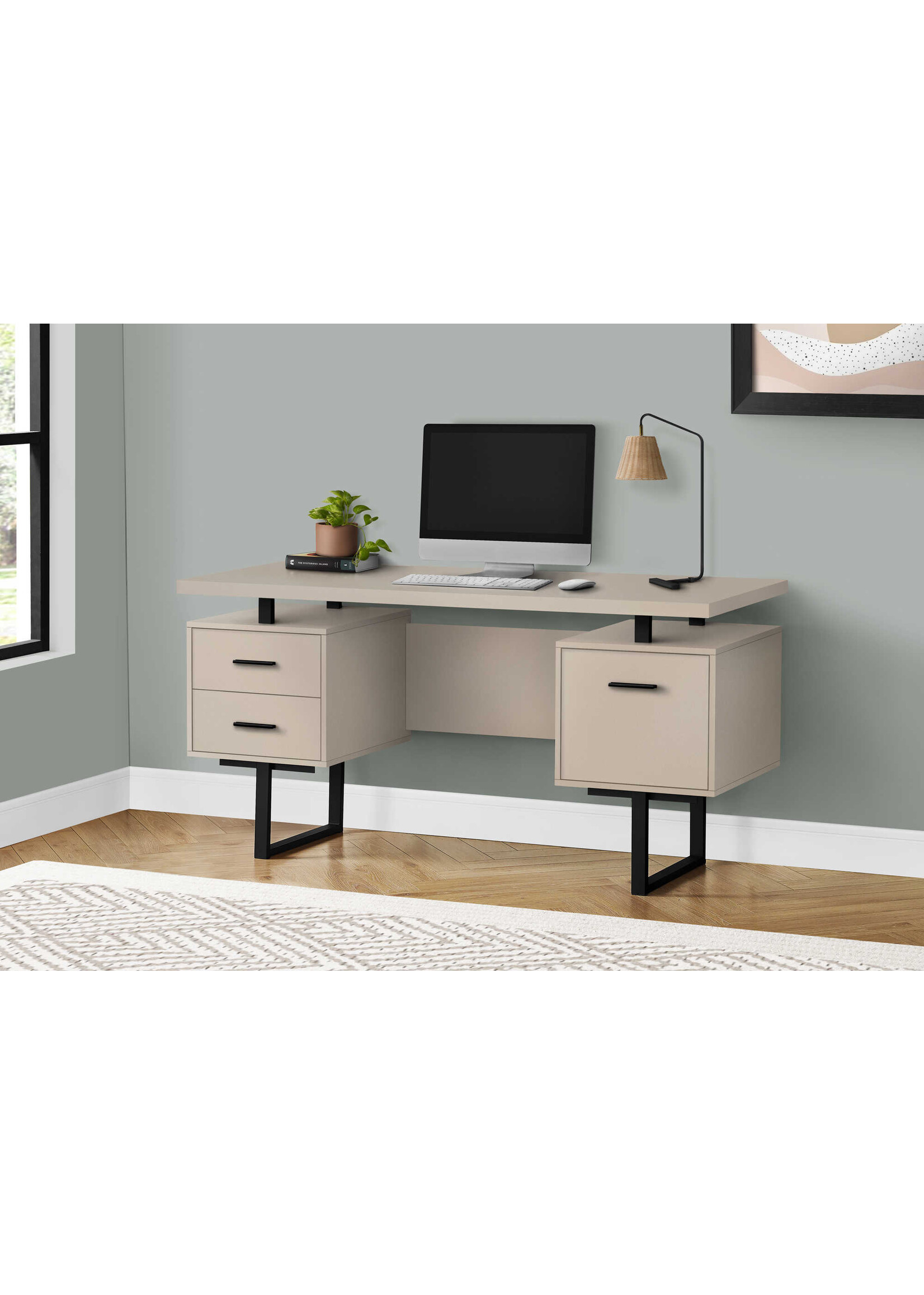 COMPUTER DESK - 60"L / MODERN TAUPE / BLACK METAL