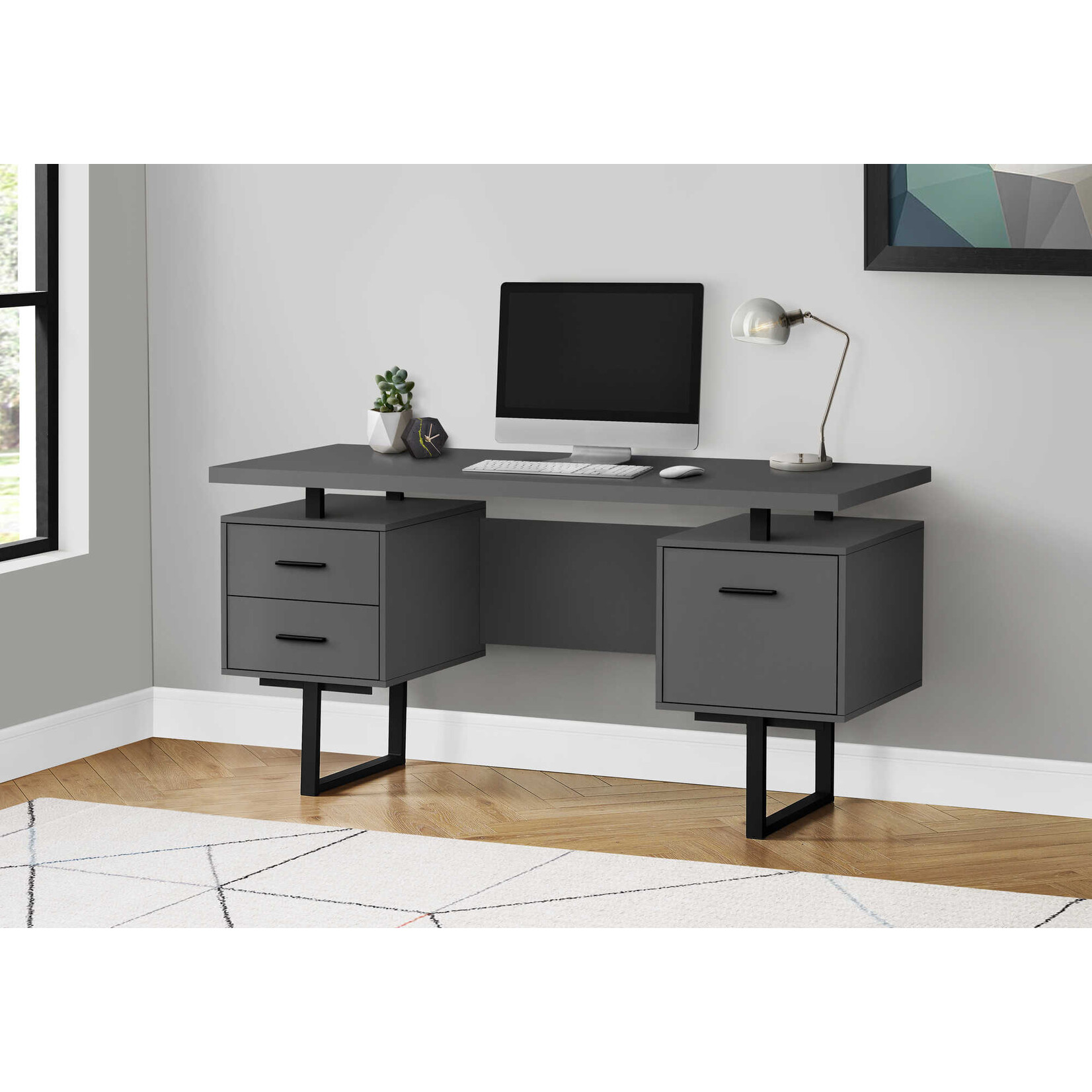 COMPUTER DESK - 60"L / MODERN GREY / BLACK METAL