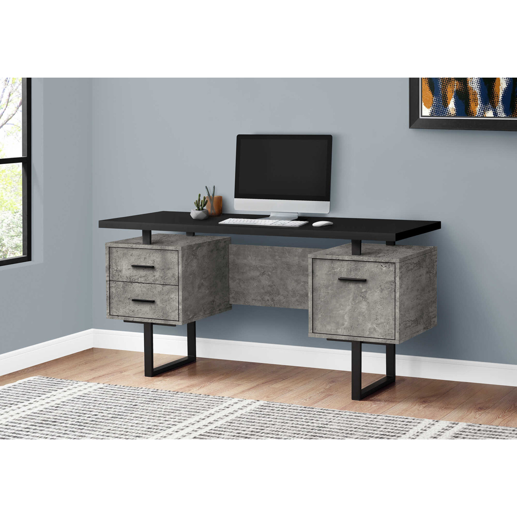 COMPUTER DESK - 60"L/BLACK/GREY CONCRETE/ BLACK METAL