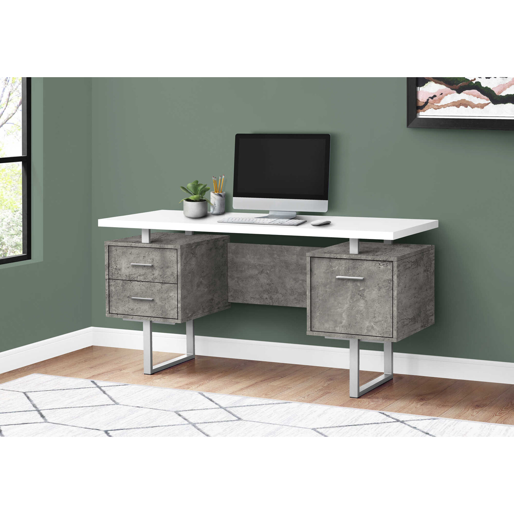 COMPUTER DESK - 60"L / WHITE/ GREY CONCRETE/ SILVER METAL