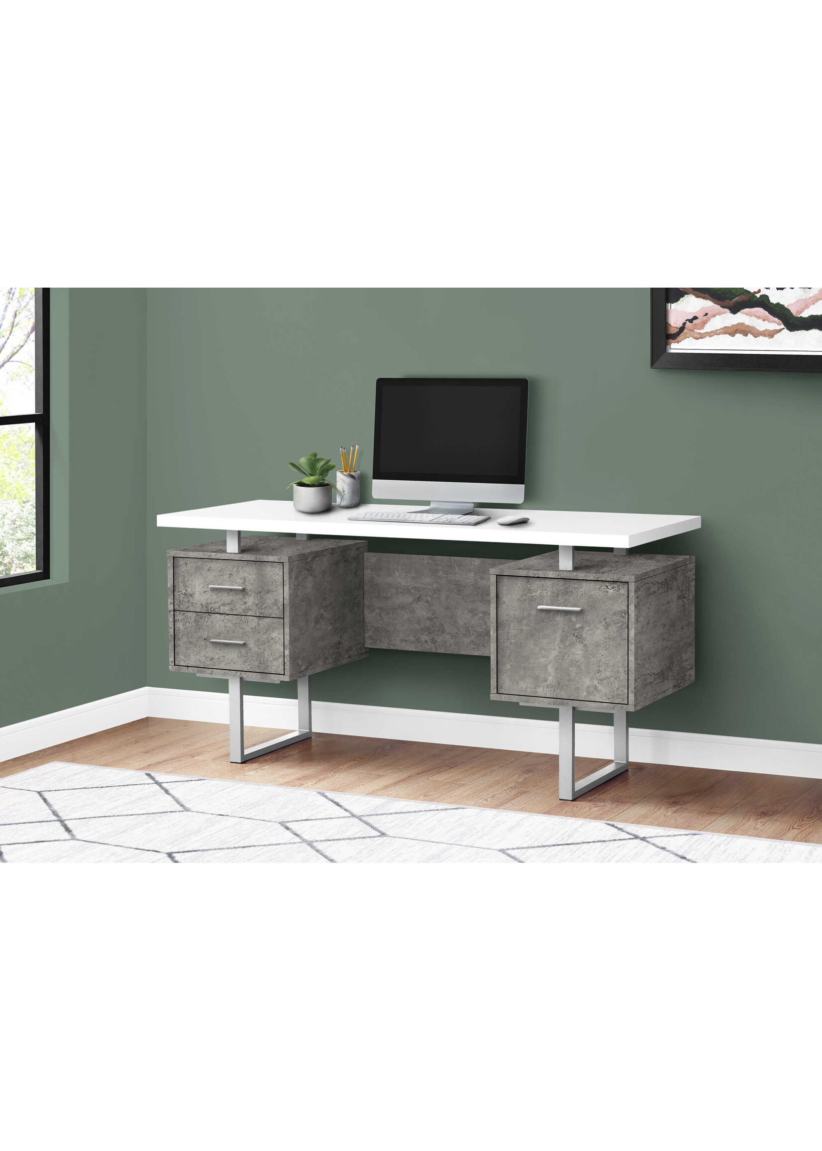 BUREAU - 60"L / BLANC / SIMILI-CIMENT GRIS / METAL ARGENT