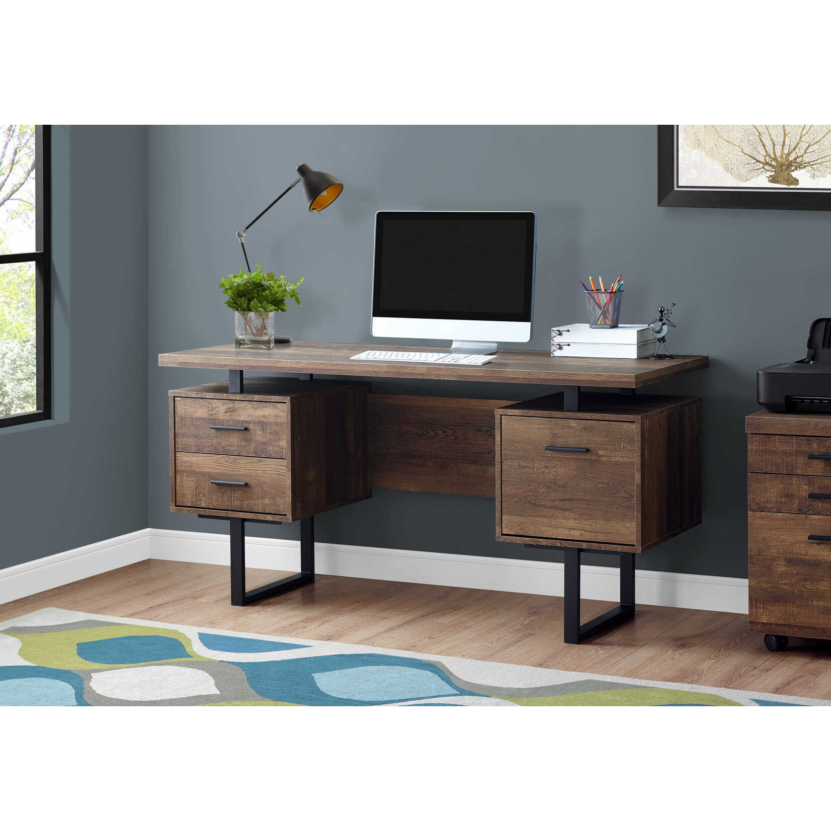 BUREAU - 60"L / FAUX BOIS BRUN / METAL NOIR