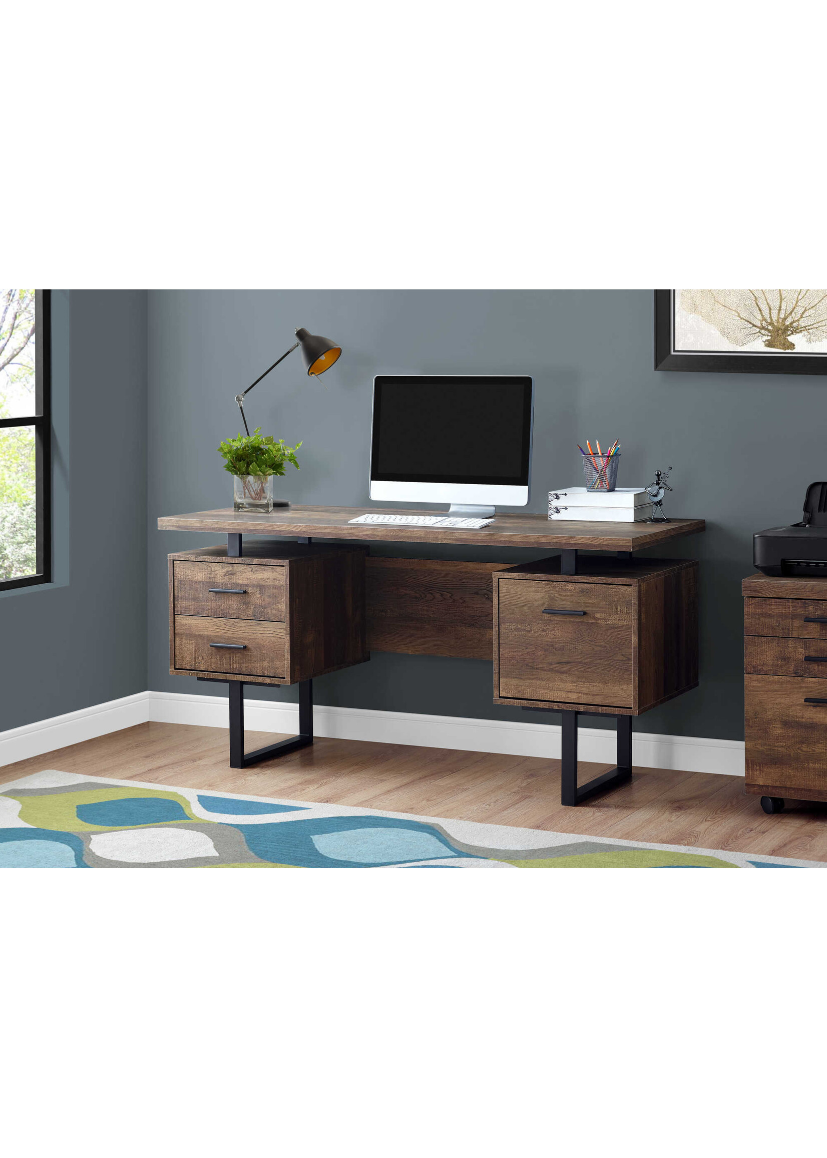 BUREAU - 60"L / FAUX BOIS BRUN / METAL NOIR