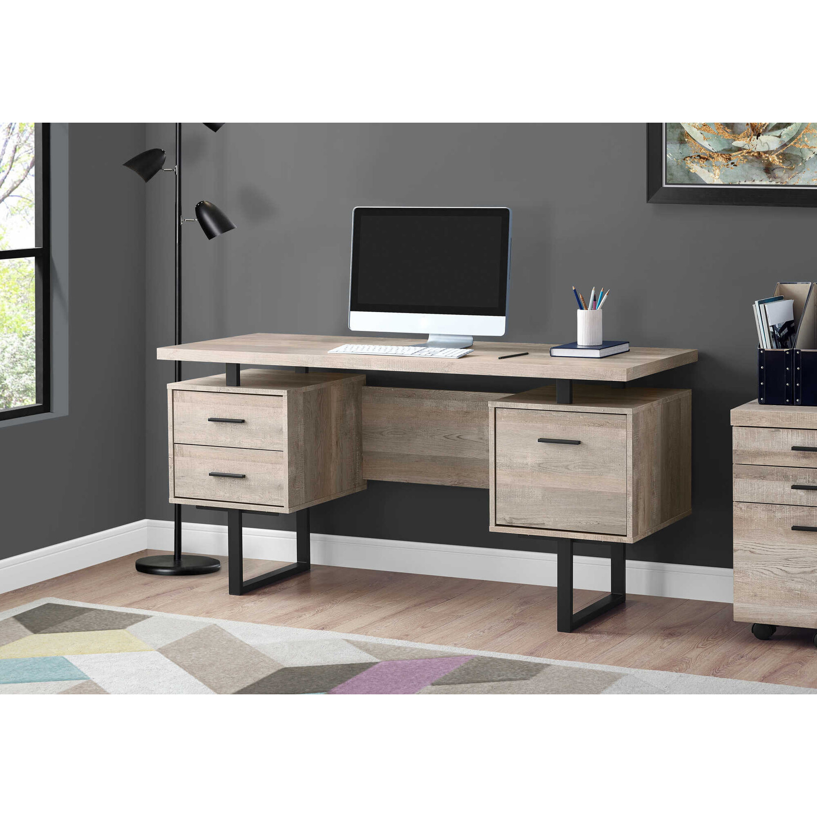 BUREAU - 60"L / FAUX BOIS TAUPE / METAL NOIR