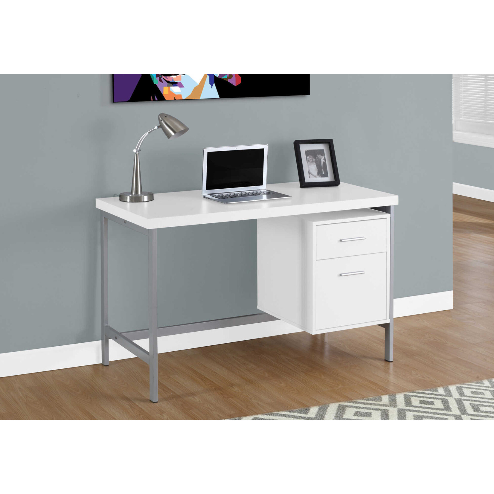 BUREAU - 48"L / BLANC / METAL ARGENT