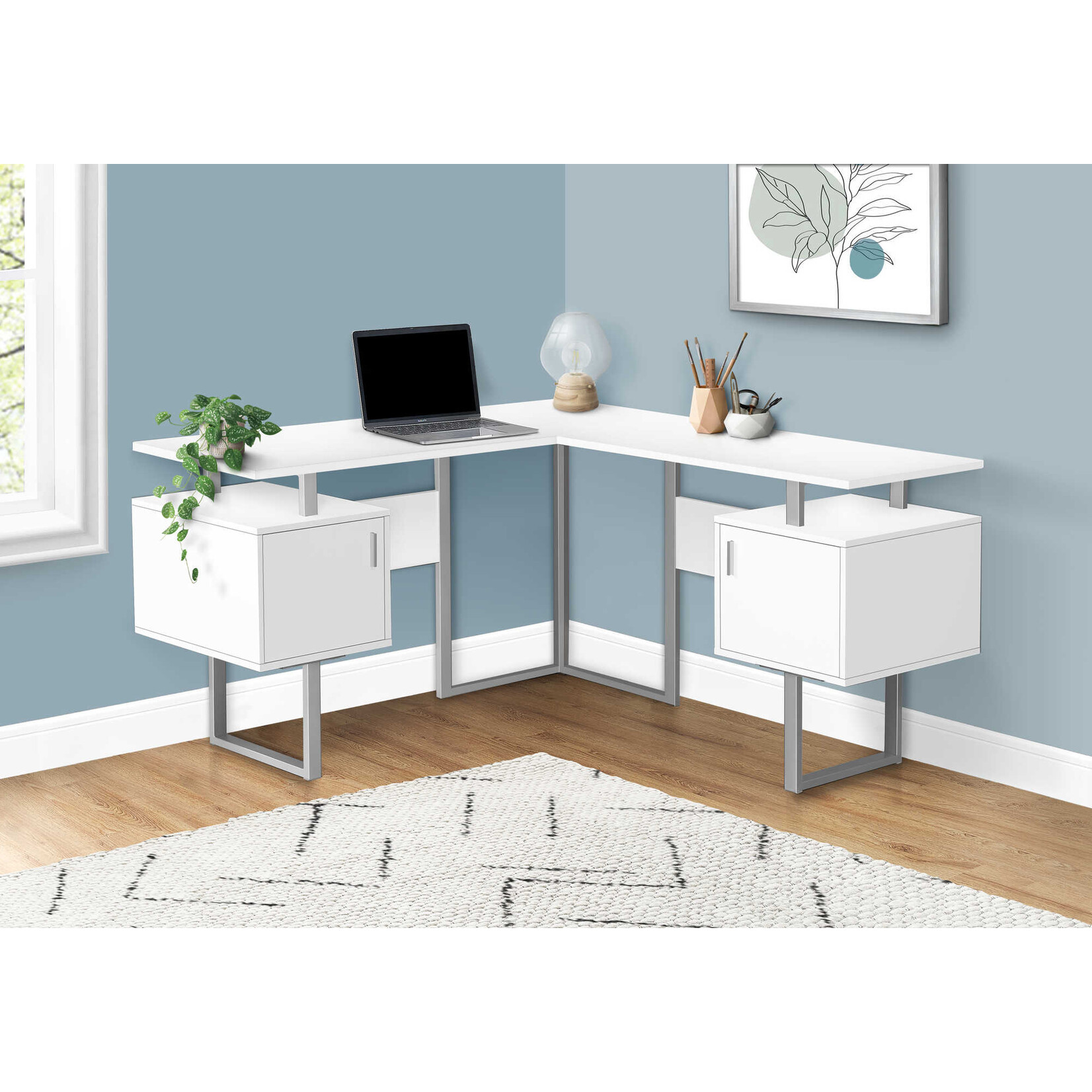 COMPUTER DESK - 58"L / WHITE / SILVER METAL CORNER