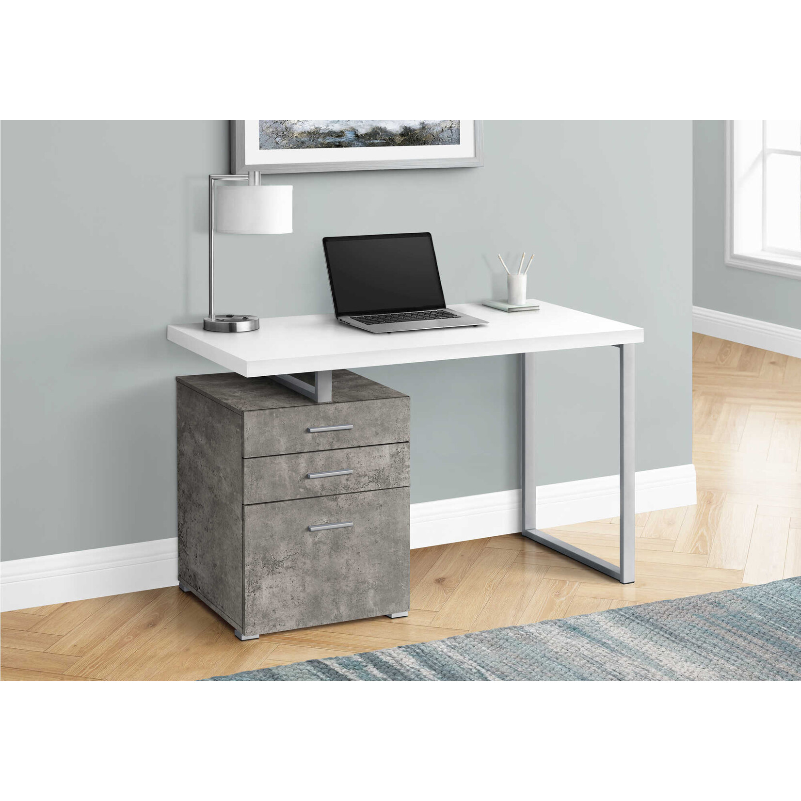COMPUTER DESK - 48"L / WHITE/ CONCRETE/ SILVER METAL/ L/R